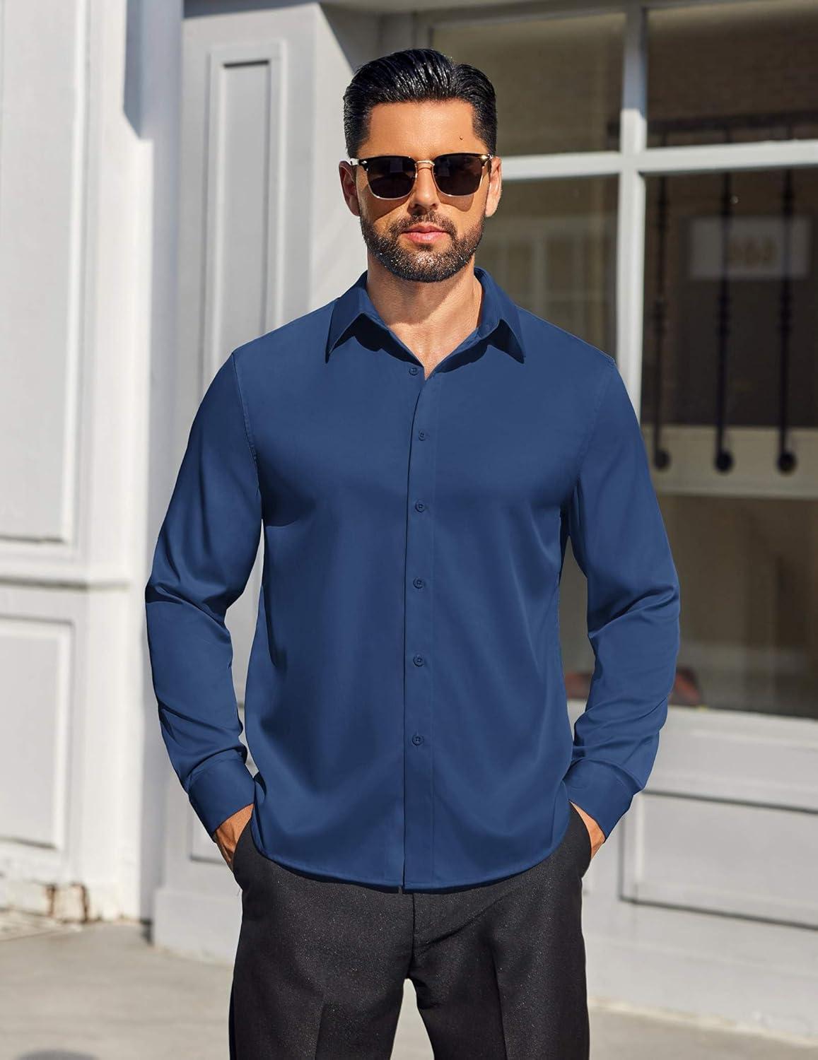 imageCOOFANDY Mens Dress Shirts Long Sleeve Button Down Shirts Regular Fit Business Casual ShirtsDenim Blue