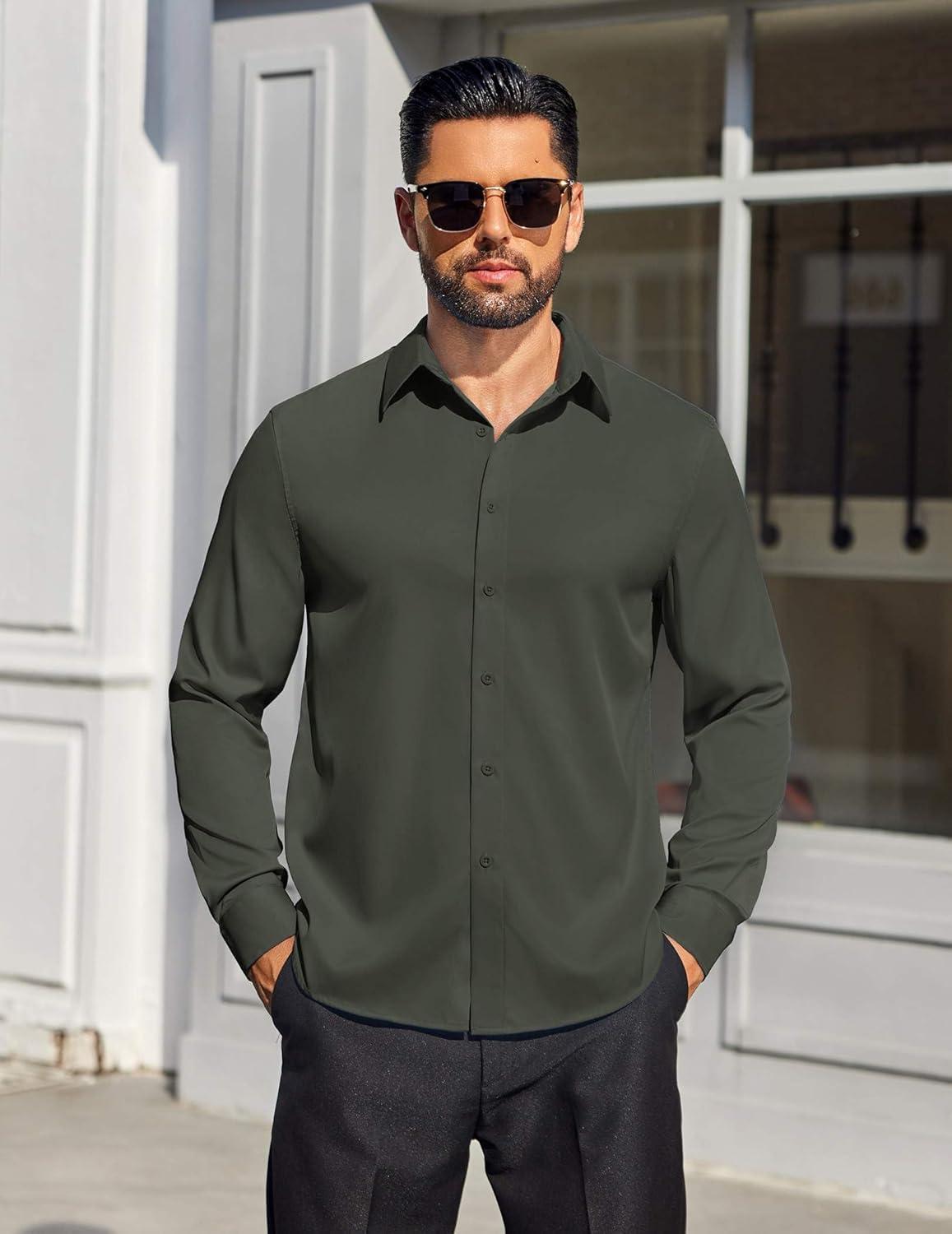 imageCOOFANDY Mens Dress Shirts Long Sleeve Button Down Shirts Regular Fit Business Casual ShirtsOlive Green