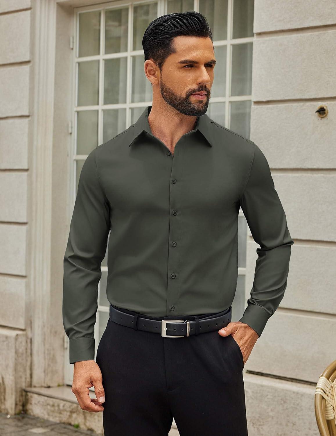 imageCOOFANDY Mens Dress Shirts Long Sleeve Button Down Shirts Regular Fit Business Casual ShirtsOlive Green