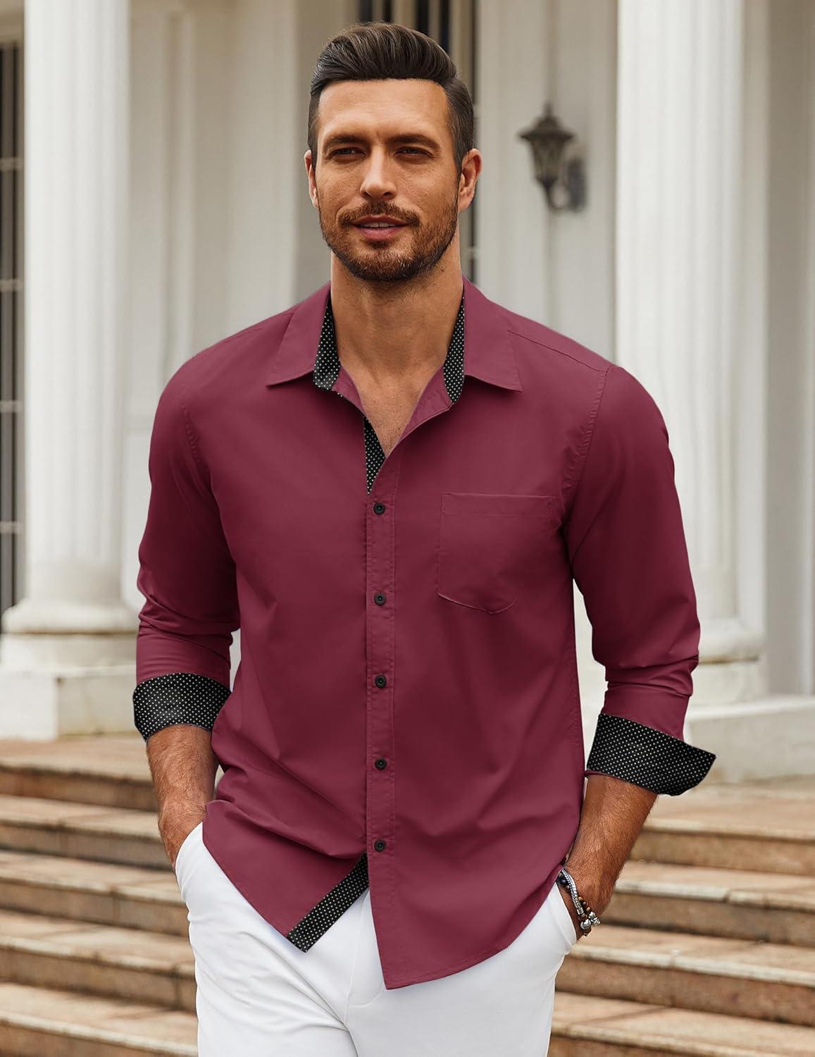 imageCOOFANDY Mens Dress Shirts Long Sleeve Button Down Shirts Untucked WrinkleFree Business Casual ShirtsWine Red