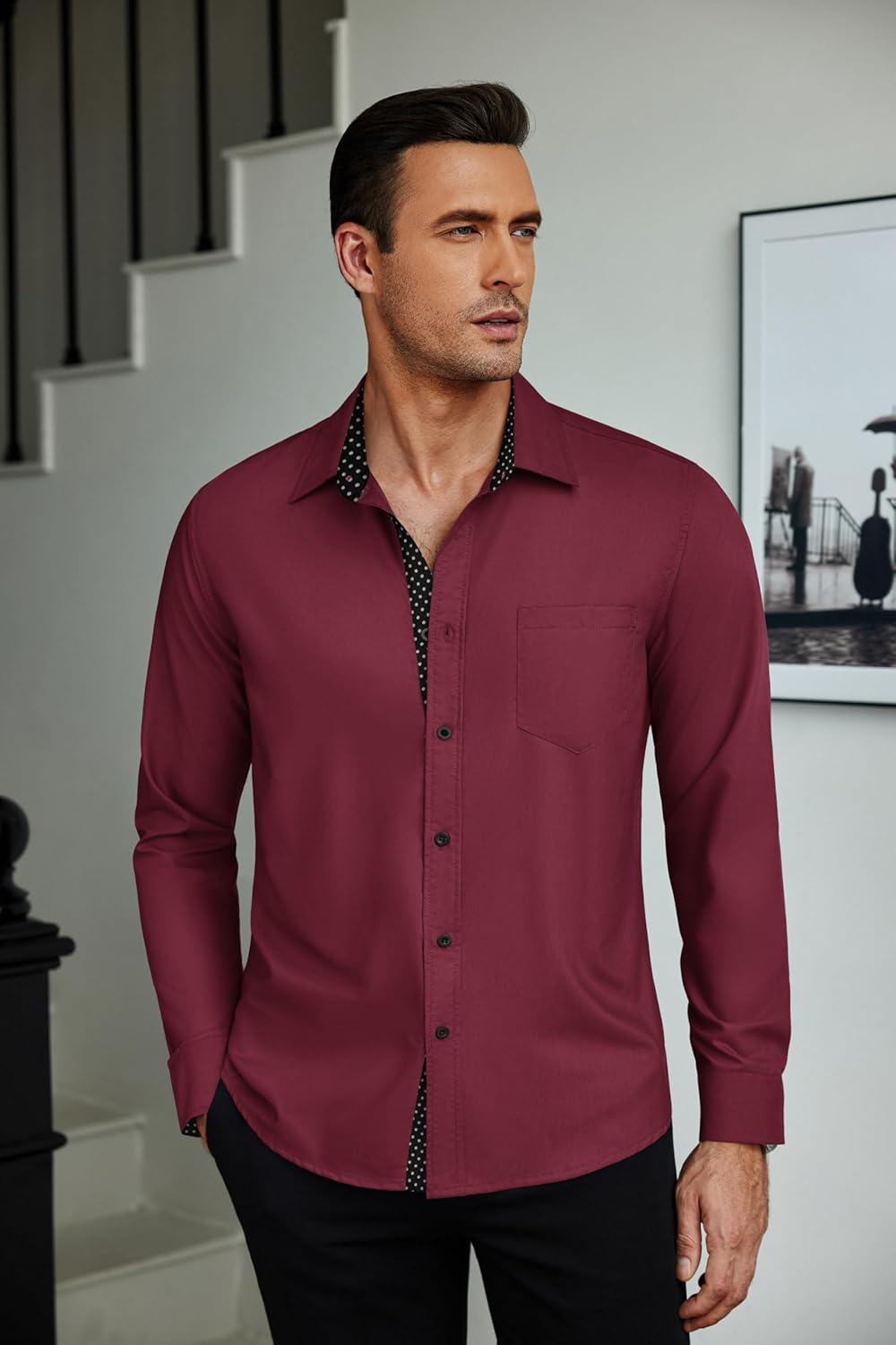 imageCOOFANDY Mens Dress Shirts Long Sleeve Button Down Shirts Untucked WrinkleFree Business Casual ShirtsWine Red