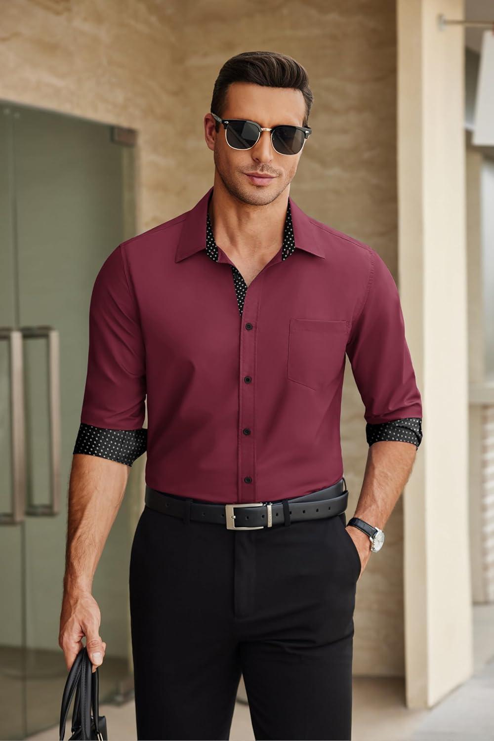 imageCOOFANDY Mens Dress Shirts Long Sleeve Button Down Shirts Untucked WrinkleFree Business Casual ShirtsWine Red