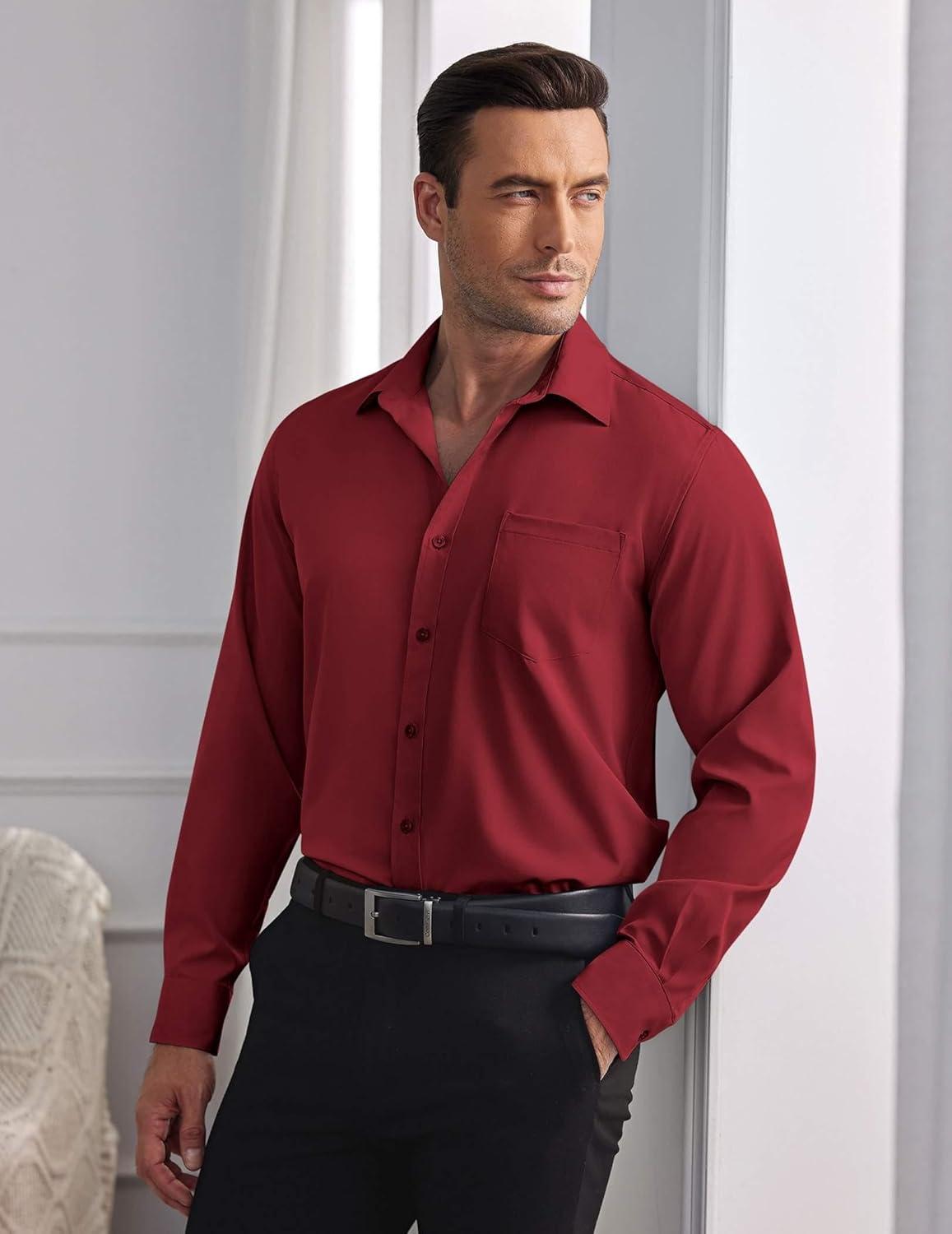 imageCOOFANDY Mens Dress Shirts Wrinkle Free Long Sleeve Button Down Shirt Formal Business ShirtsWine Red