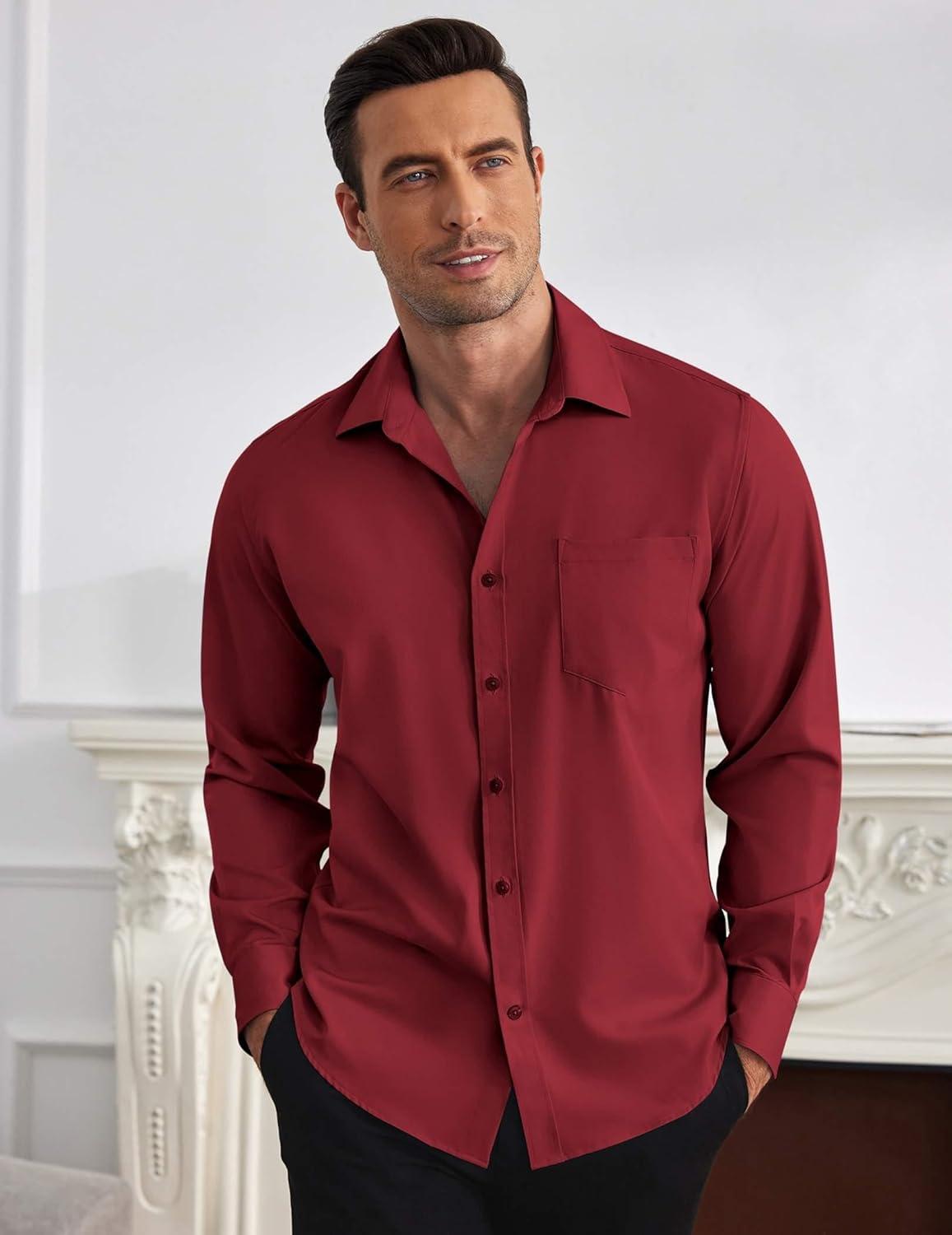 imageCOOFANDY Mens Dress Shirts Wrinkle Free Long Sleeve Button Down Shirt Formal Business ShirtsWine Red