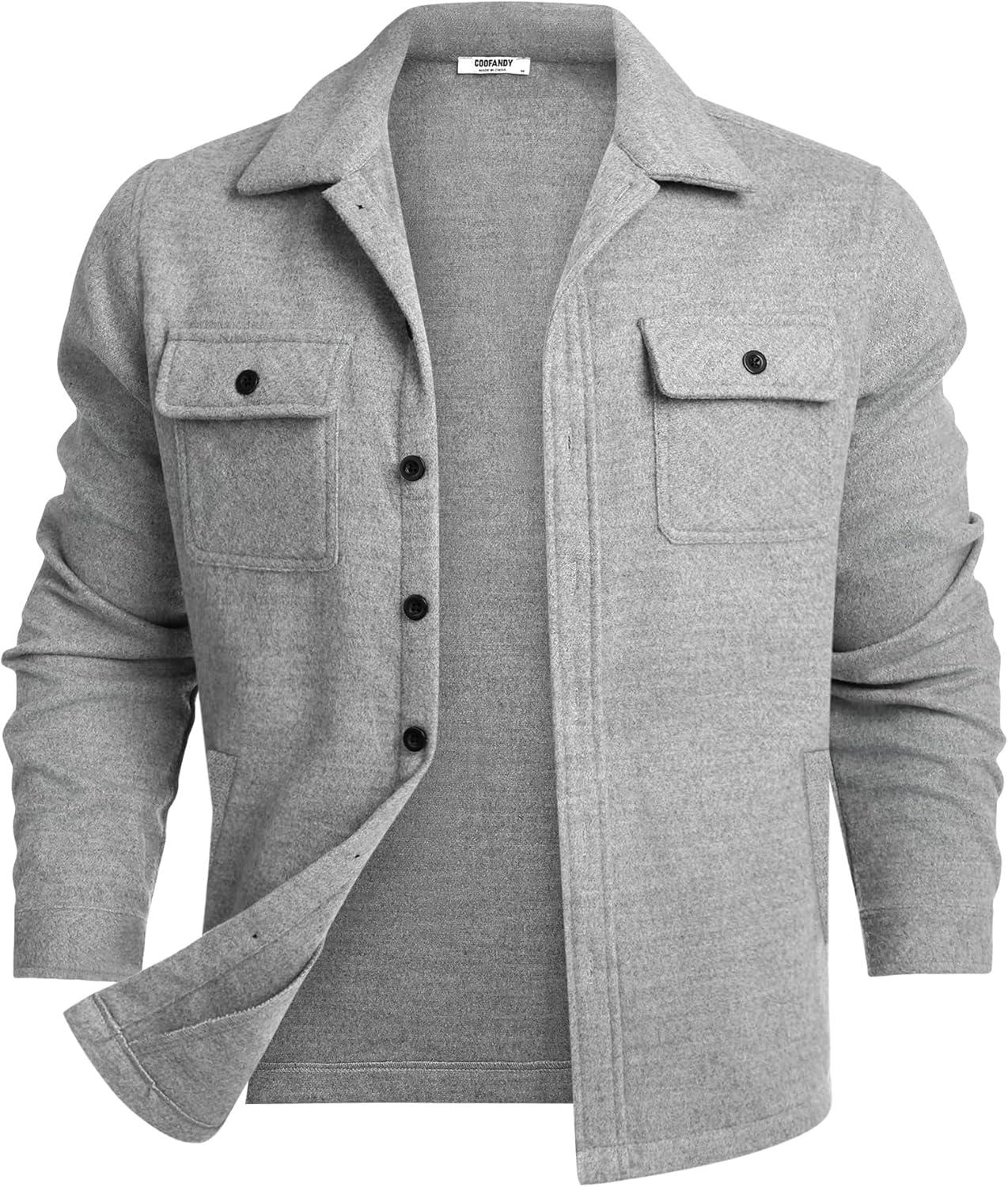 imageCOOFANDY Mens Flannel Jacket Plaid Shirt Jackets Fleece Shacket Long Sleeve Button Down Fall Thick Warm OutwearPure Grey