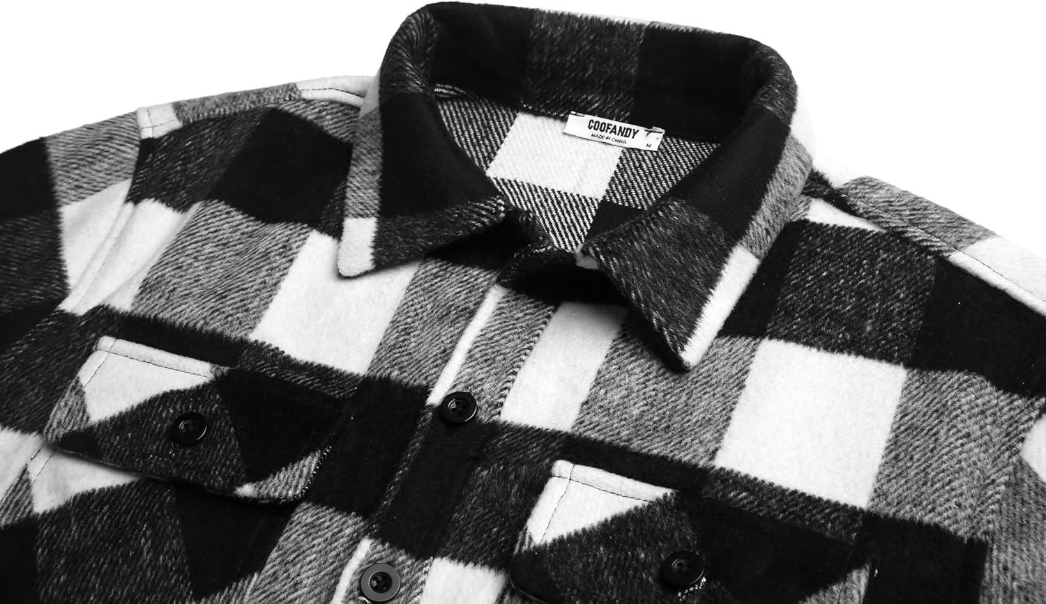 imageCOOFANDY Mens Flannel Jacket Plaid Shirt Jackets Fleece Shacket Long Sleeve Button Down Fall Thick Warm OutwearWhite Black Plaid