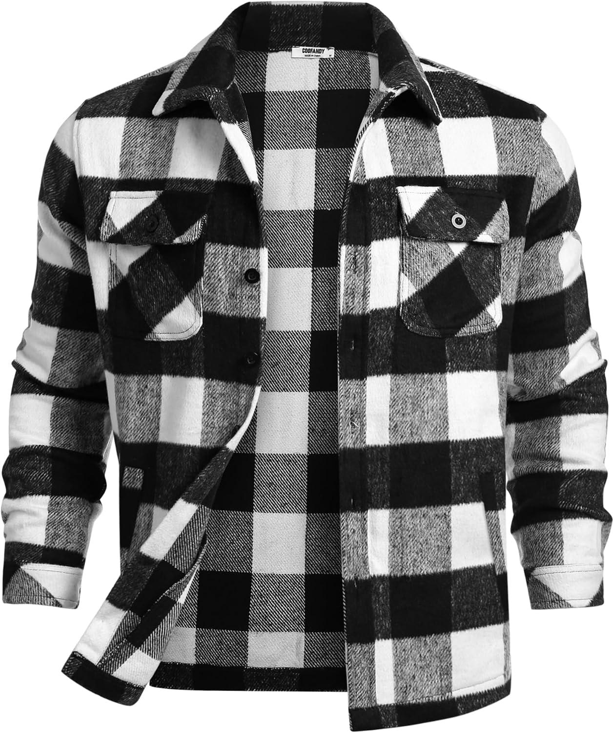 imageCOOFANDY Mens Flannel Jacket Plaid Shirt Jackets Fleece Shacket Long Sleeve Button Down Fall Thick Warm OutwearWhite Black Plaid