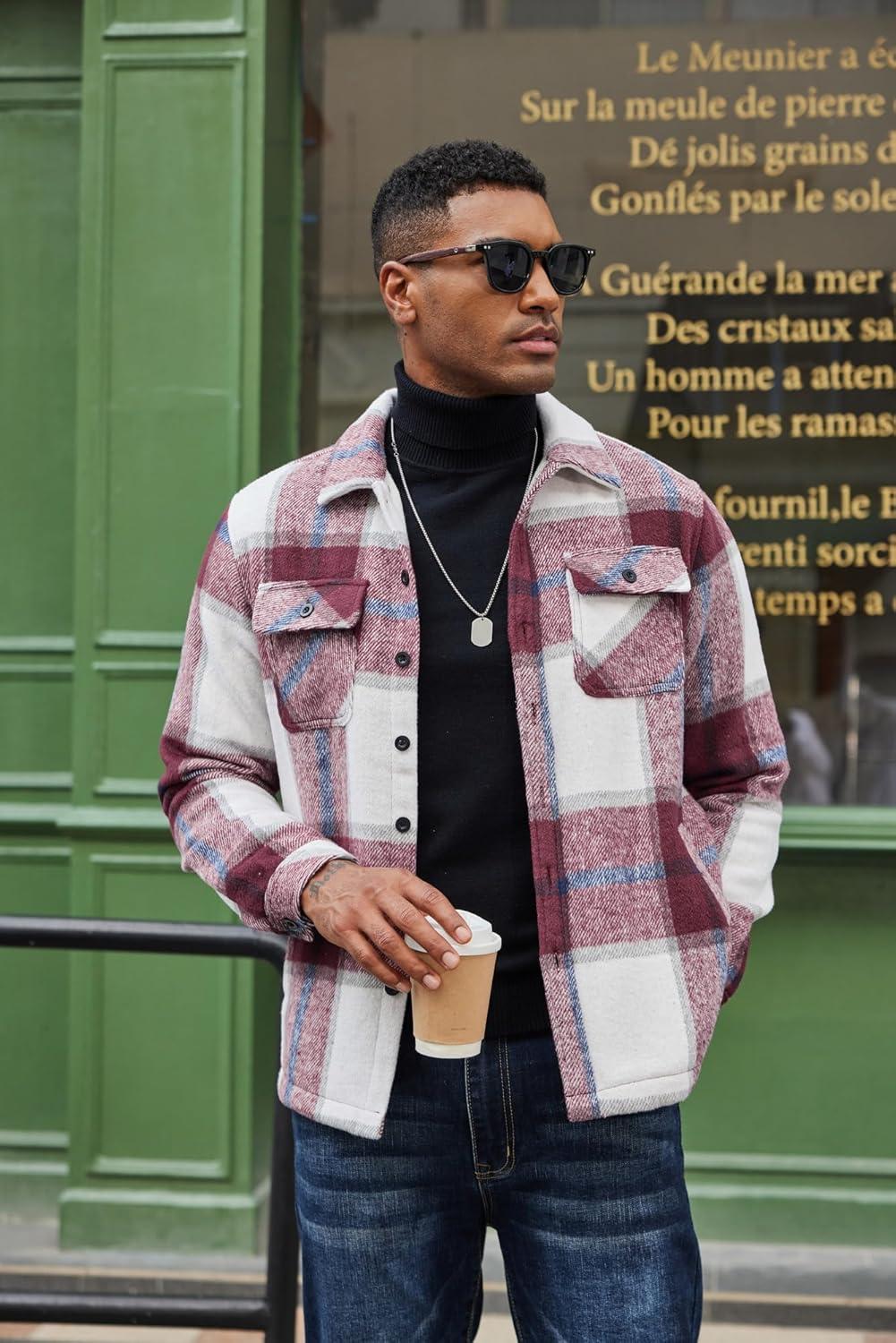 imageCOOFANDY Mens Flannel Jacket Plaid Shirt Jackets Fleece Shacket Long Sleeve Button Down Fall Thick Warm OutwearWine Red Block