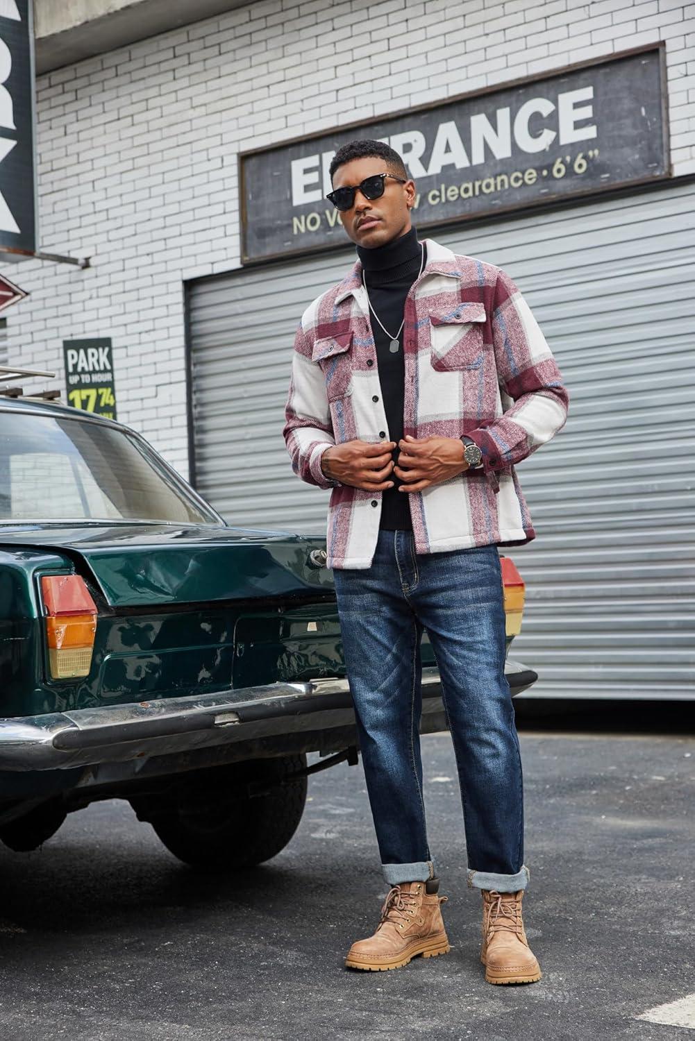 imageCOOFANDY Mens Flannel Jacket Plaid Shirt Jackets Fleece Shacket Long Sleeve Button Down Fall Thick Warm OutwearWine Red Block