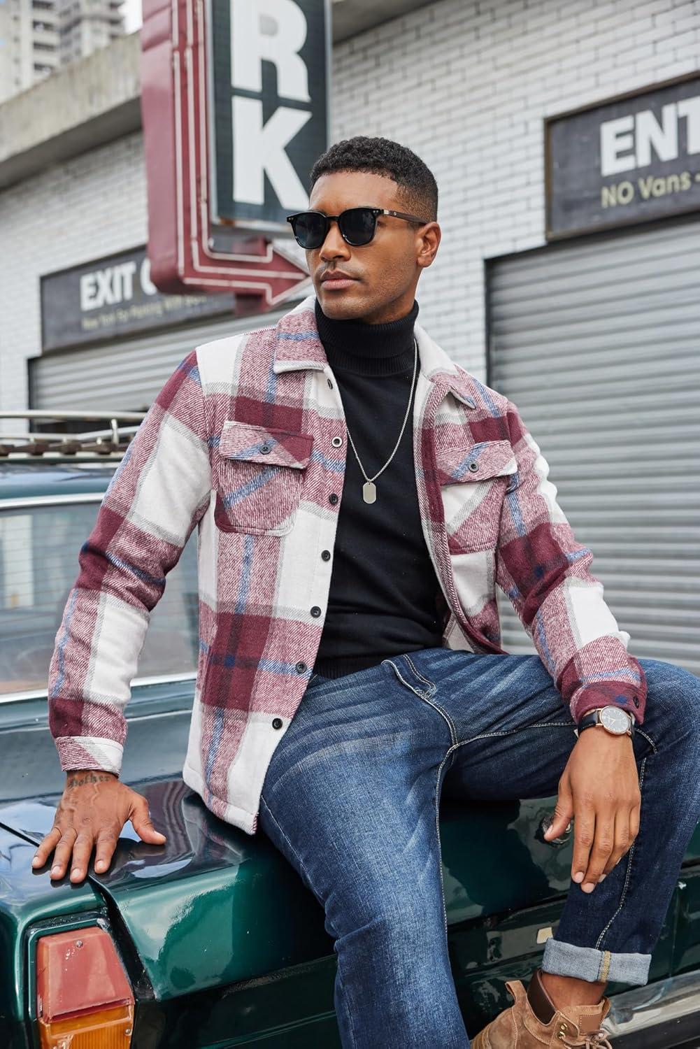 imageCOOFANDY Mens Flannel Jacket Plaid Shirt Jackets Fleece Shacket Long Sleeve Button Down Fall Thick Warm OutwearWine Red Block