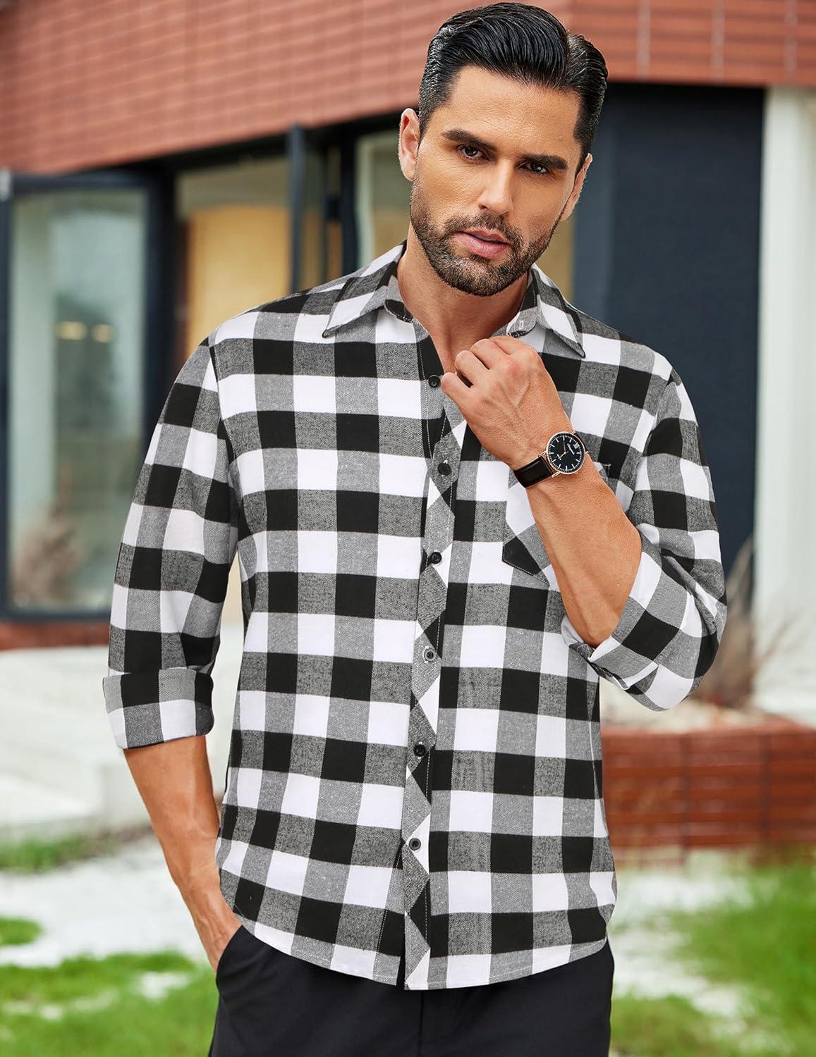 imageCOOFANDY Mens Flannel Plaid Shirts Long Sleeve Button Down Shirts Casual Fall Shirt JacketBlackwhite
