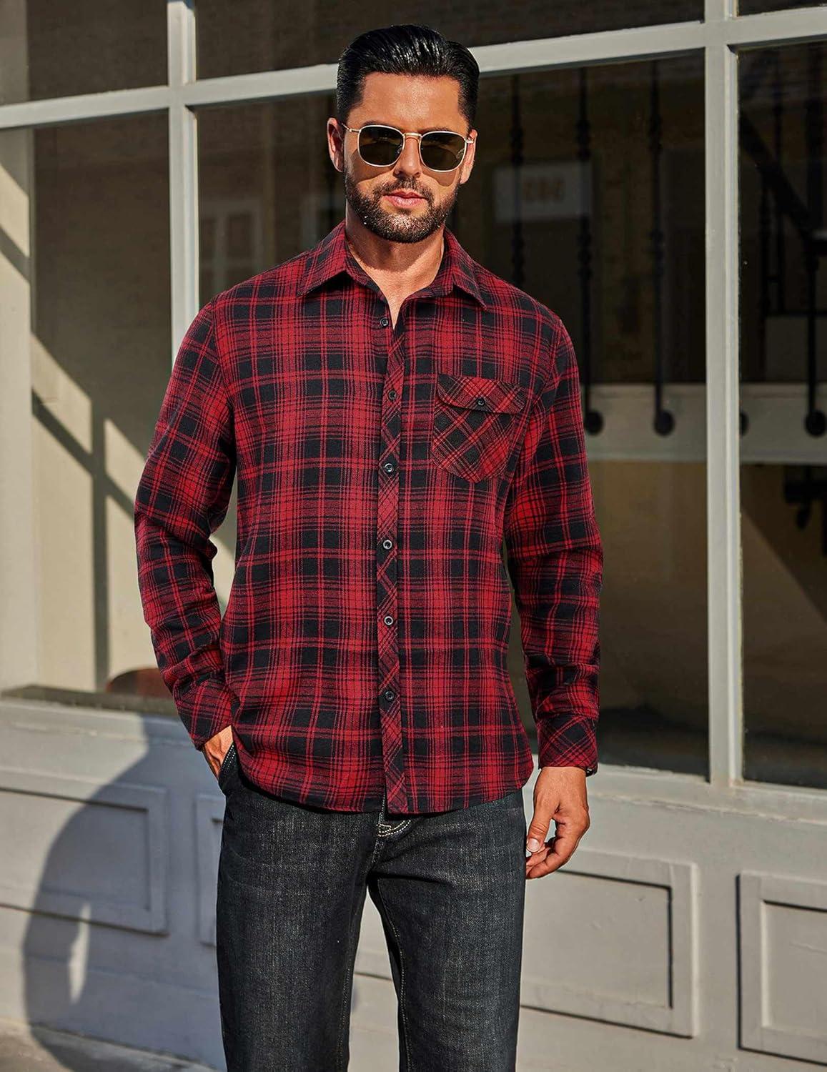 imageCOOFANDY Mens Flannel Plaid Shirts Long Sleeve Casual Button Down Cotton Shirt with PocketBlack Red Plaid