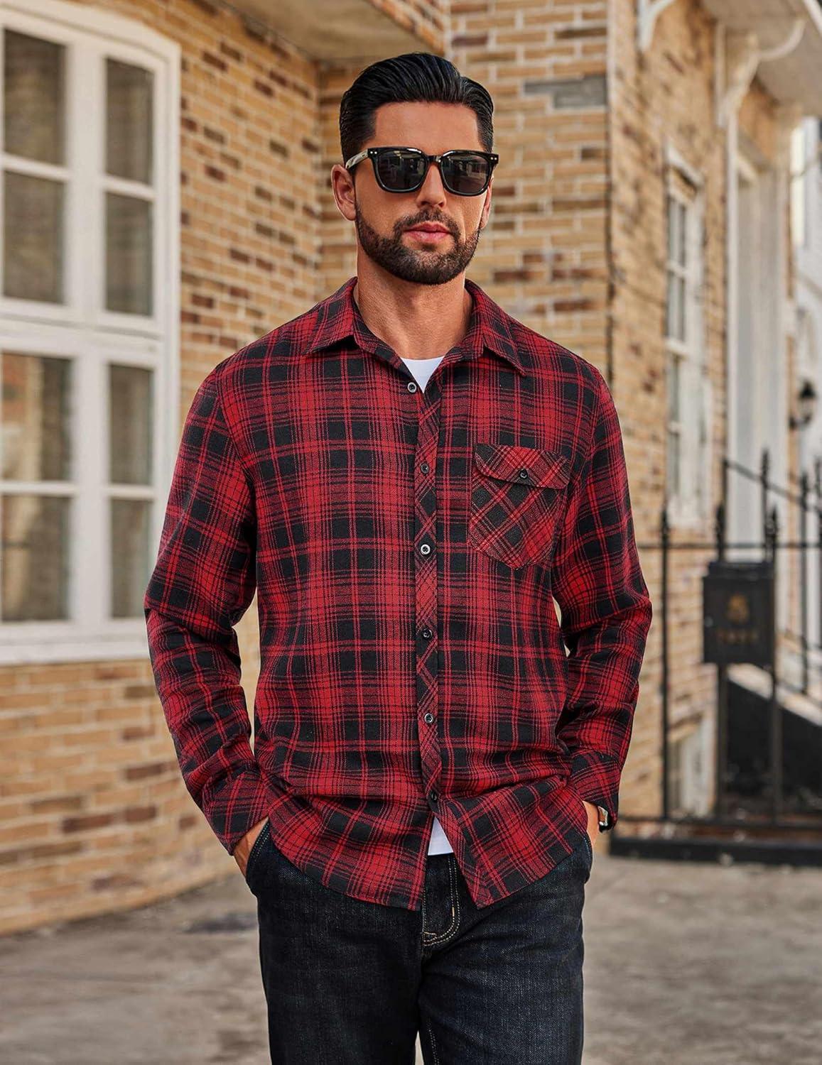 imageCOOFANDY Mens Flannel Plaid Shirts Long Sleeve Casual Button Down Cotton Shirt with PocketBlack Red Plaid