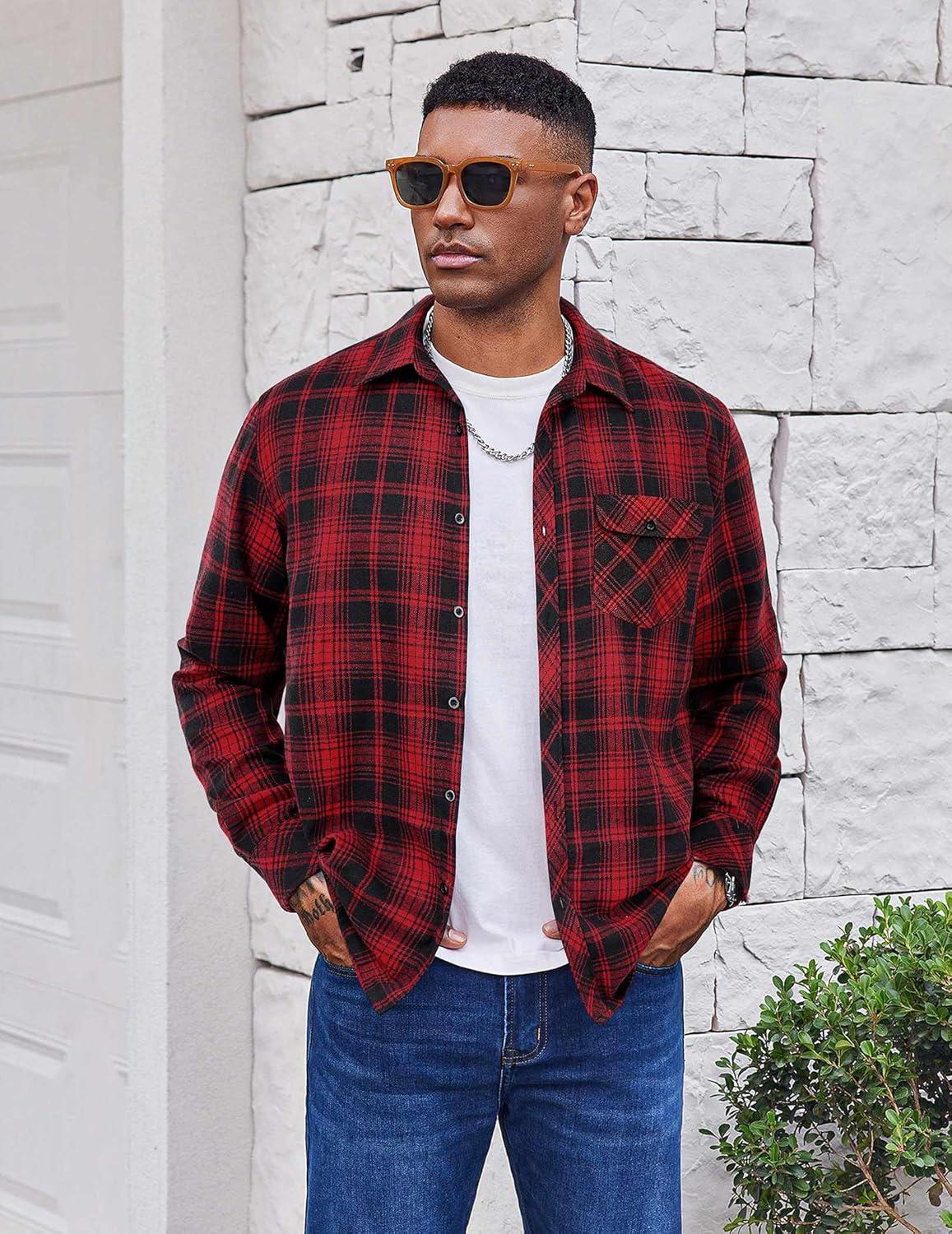 imageCOOFANDY Mens Flannel Plaid Shirts Long Sleeve Casual Button Down Cotton Shirt with PocketBlack Red Plaid