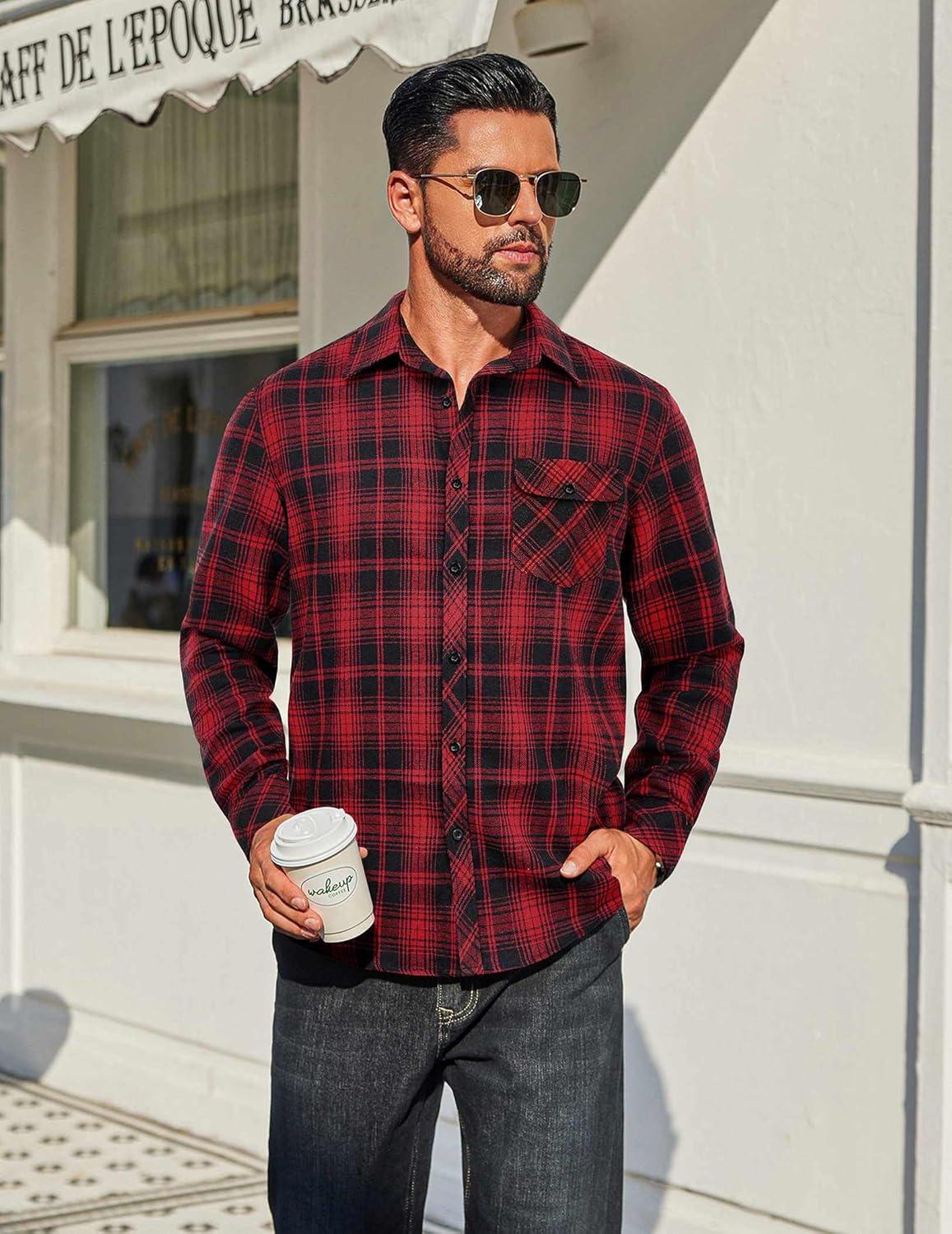imageCOOFANDY Mens Flannel Plaid Shirts Long Sleeve Casual Button Down Cotton Shirt with PocketBlack Red Plaid