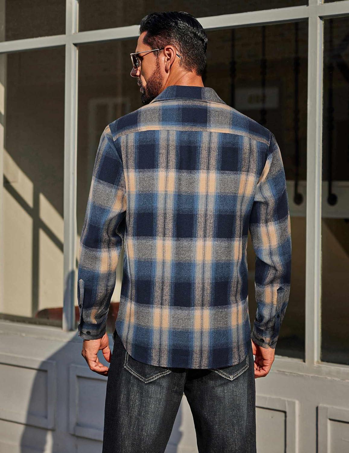 imageCOOFANDY Mens Flannel Plaid Shirts Long Sleeve Casual Button Down Cotton Shirt with PocketNavy Khaki Plaid