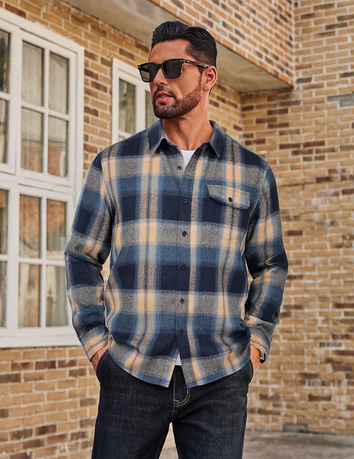 imageCOOFANDY Mens Flannel Plaid Shirts Long Sleeve Casual Button Down Cotton Shirt with PocketNavy Khaki Plaid