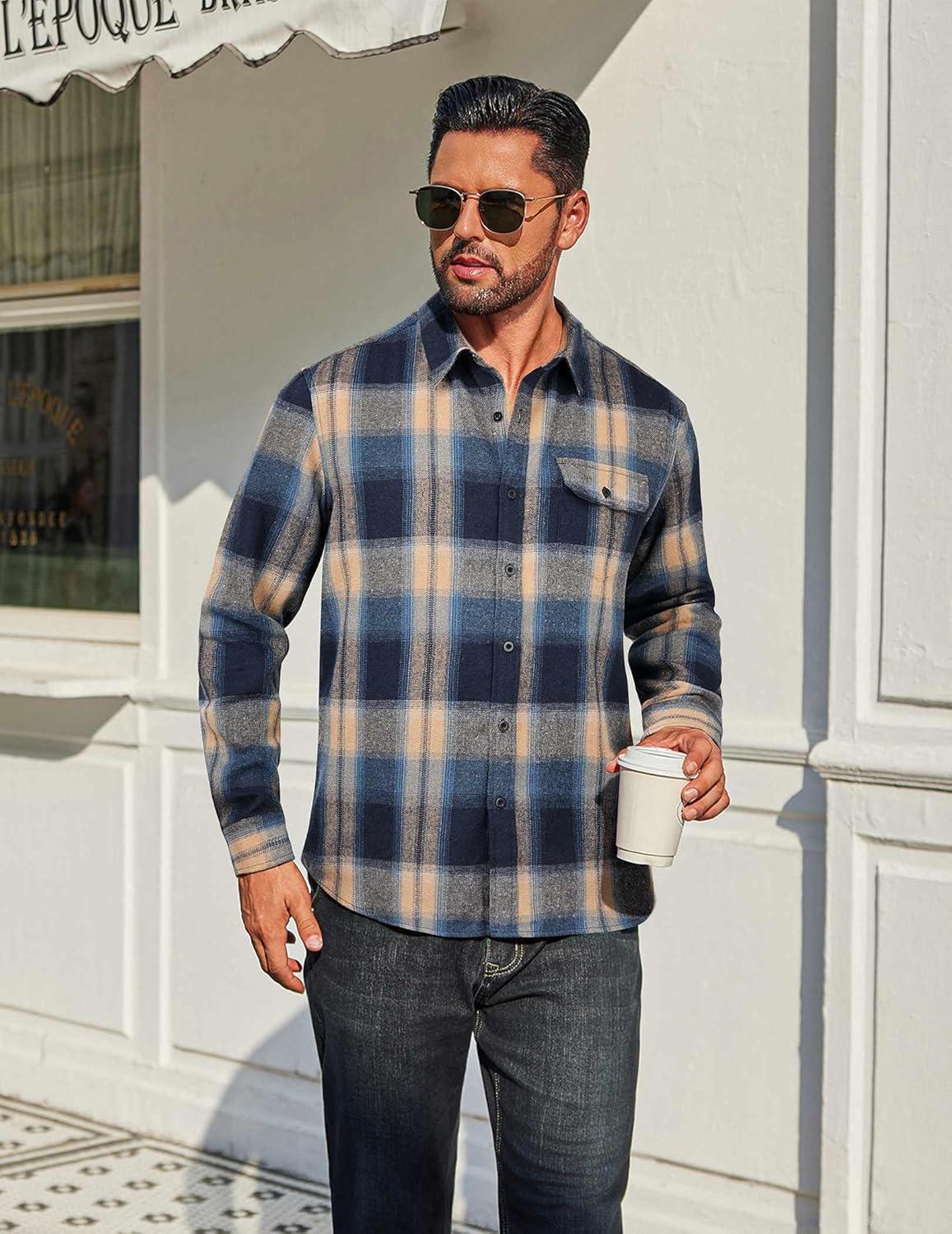 imageCOOFANDY Mens Flannel Plaid Shirts Long Sleeve Casual Button Down Cotton Shirt with PocketNavy Khaki Plaid
