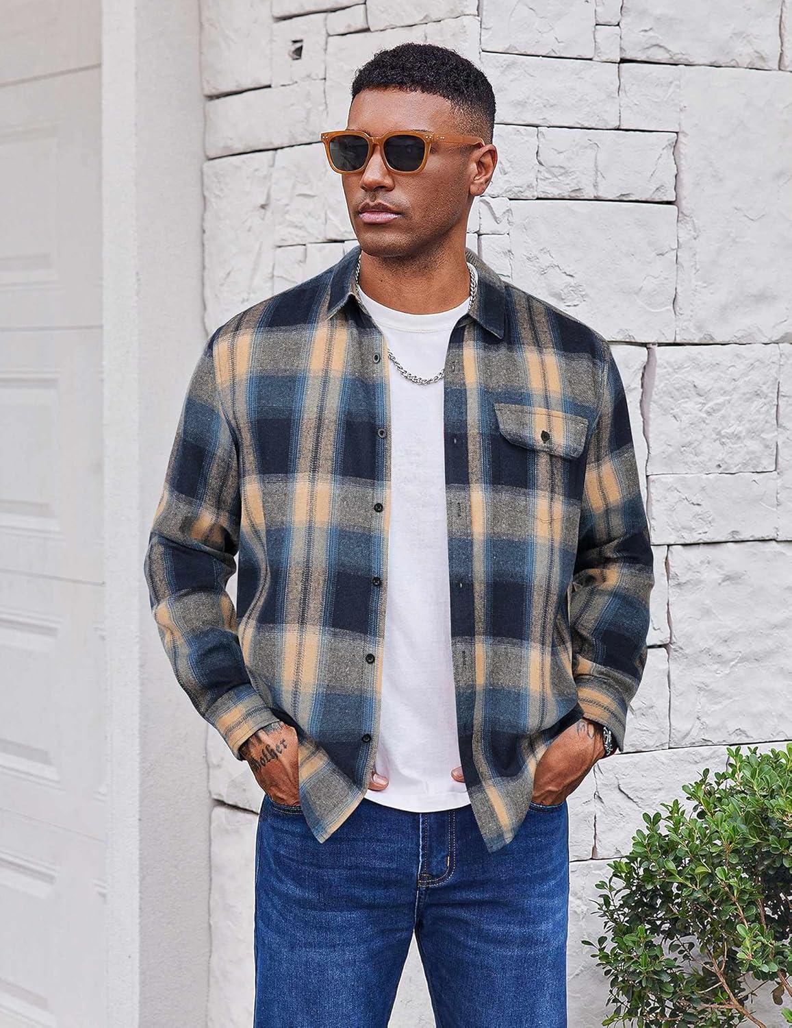 imageCOOFANDY Mens Flannel Plaid Shirts Long Sleeve Casual Button Down Cotton Shirt with PocketNavy Khaki Plaid