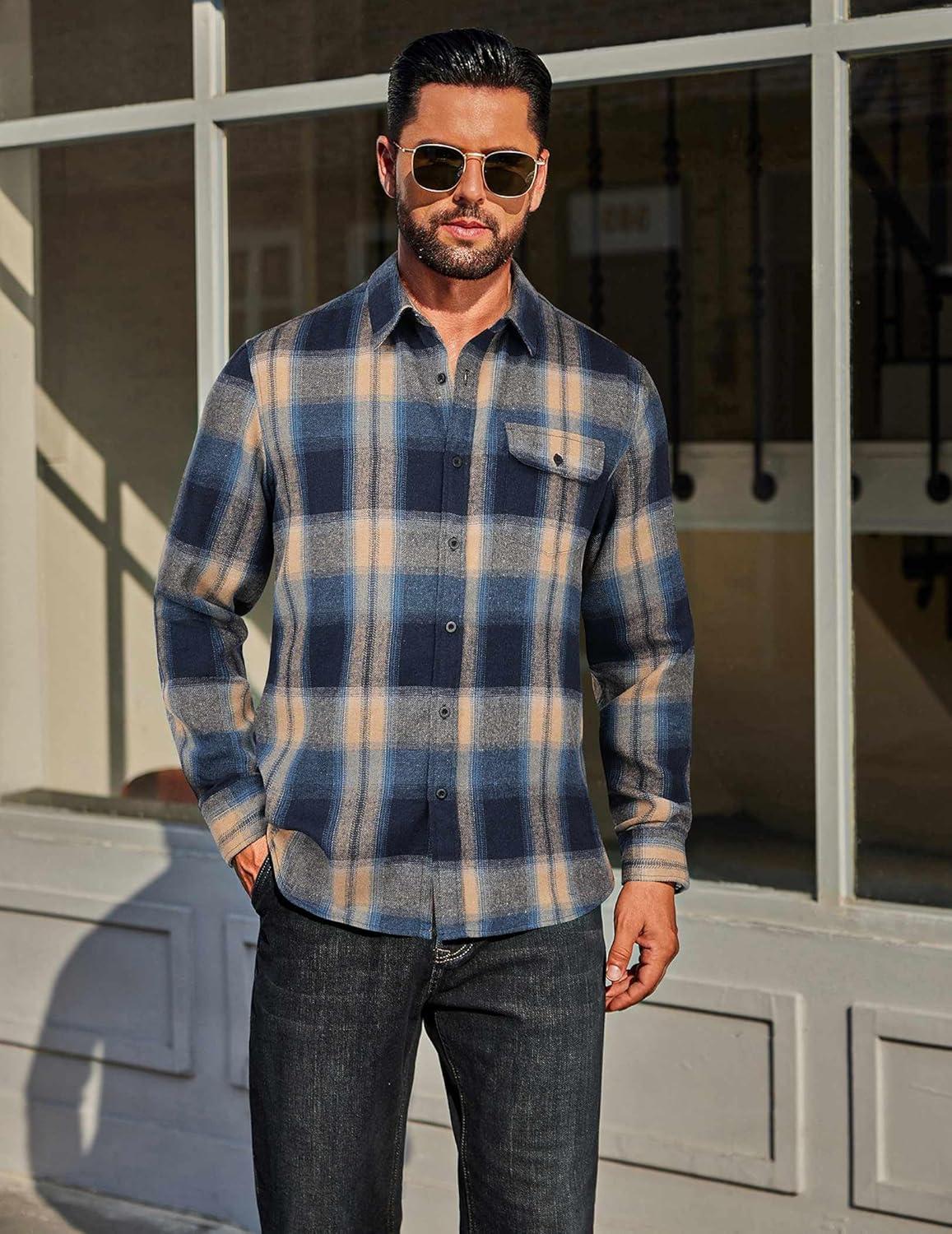 imageCOOFANDY Mens Flannel Plaid Shirts Long Sleeve Casual Button Down Cotton Shirt with PocketNavy Khaki Plaid