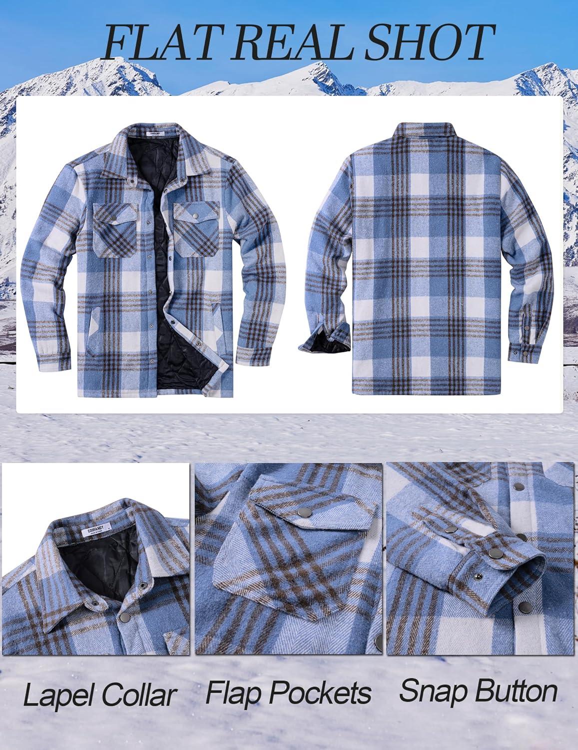 imageCOOFANDY Mens Flannel Shirt Jackets Quilted Lined Plaid Jacket Long Sleeve Button Down Thick Winter Outwear ShacketsBlue