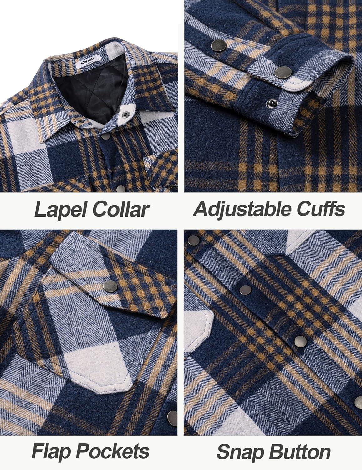 imageCOOFANDY Mens Flannel Shirt Jackets Quilted Lined Plaid Jacket Long Sleeve Button Down Thick Winter Outwear ShacketsDark Blue