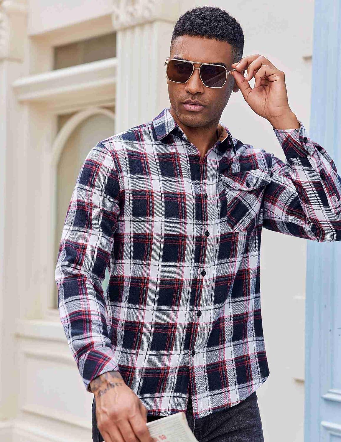 imageCOOFANDY Mens Flannel Shirts Long Sleeve Button Down Shirt Casual Plaid Shirts with PocketNavy Red White Plaid
