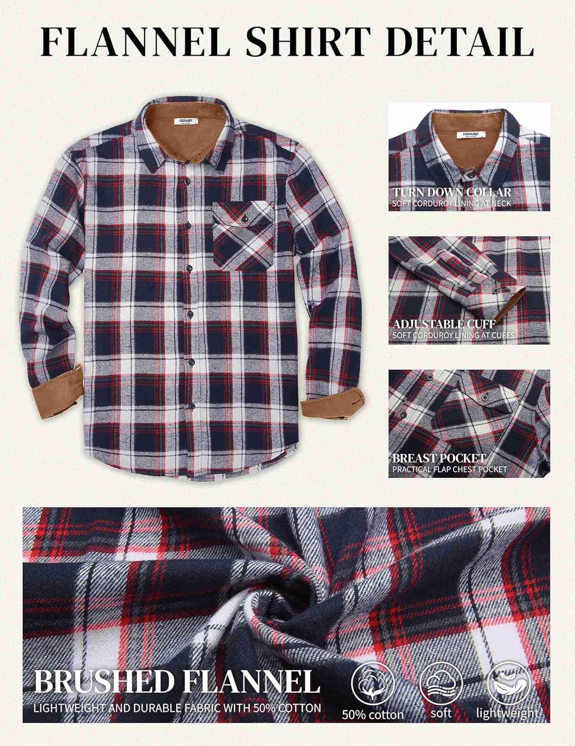 imageCOOFANDY Mens Flannel Shirts Long Sleeve Button Down Shirt Casual Plaid Shirts with PocketNavy Red White Plaid