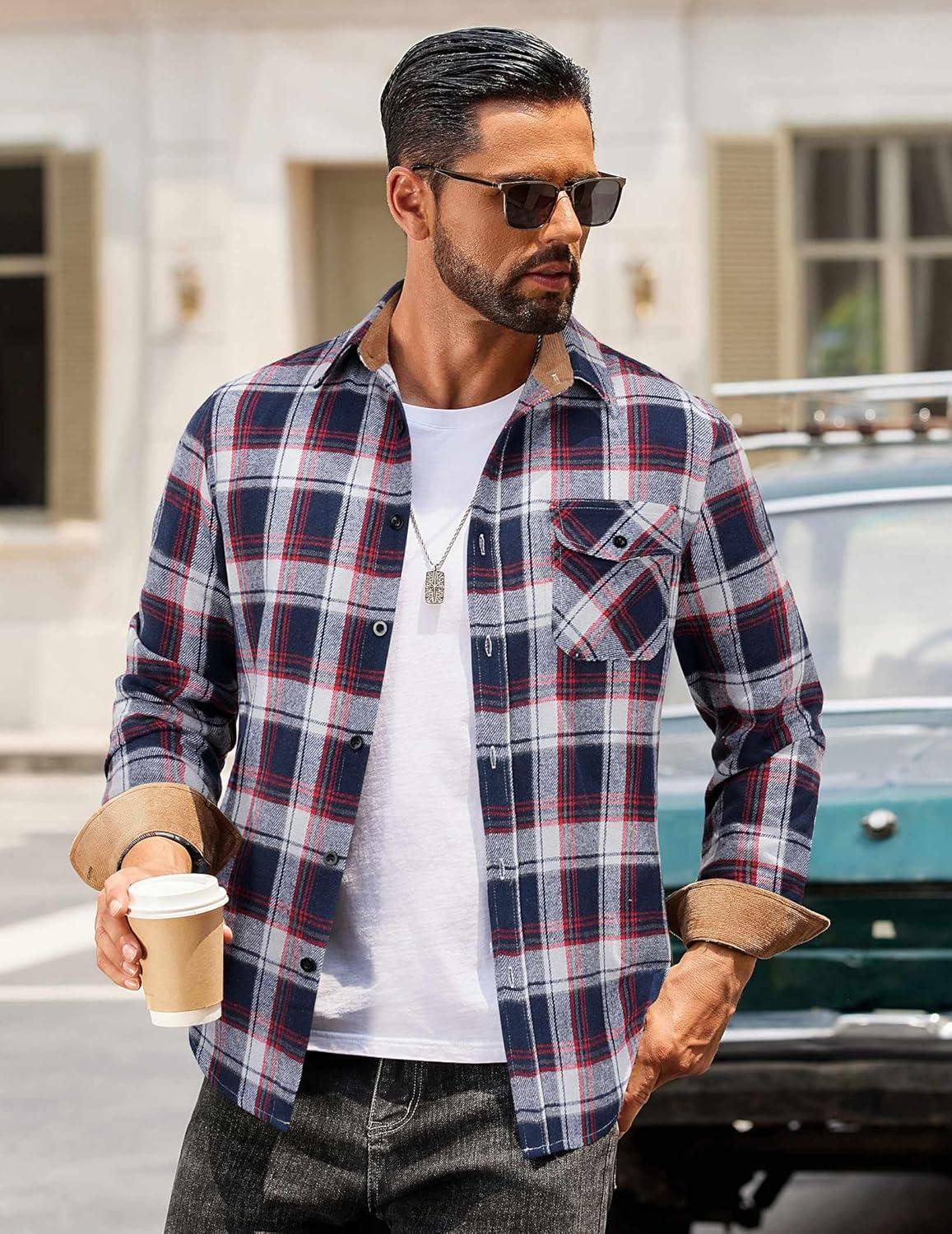 imageCOOFANDY Mens Flannel Shirts Long Sleeve Button Down Shirt Casual Plaid Shirts with PocketNavy Red White Plaid