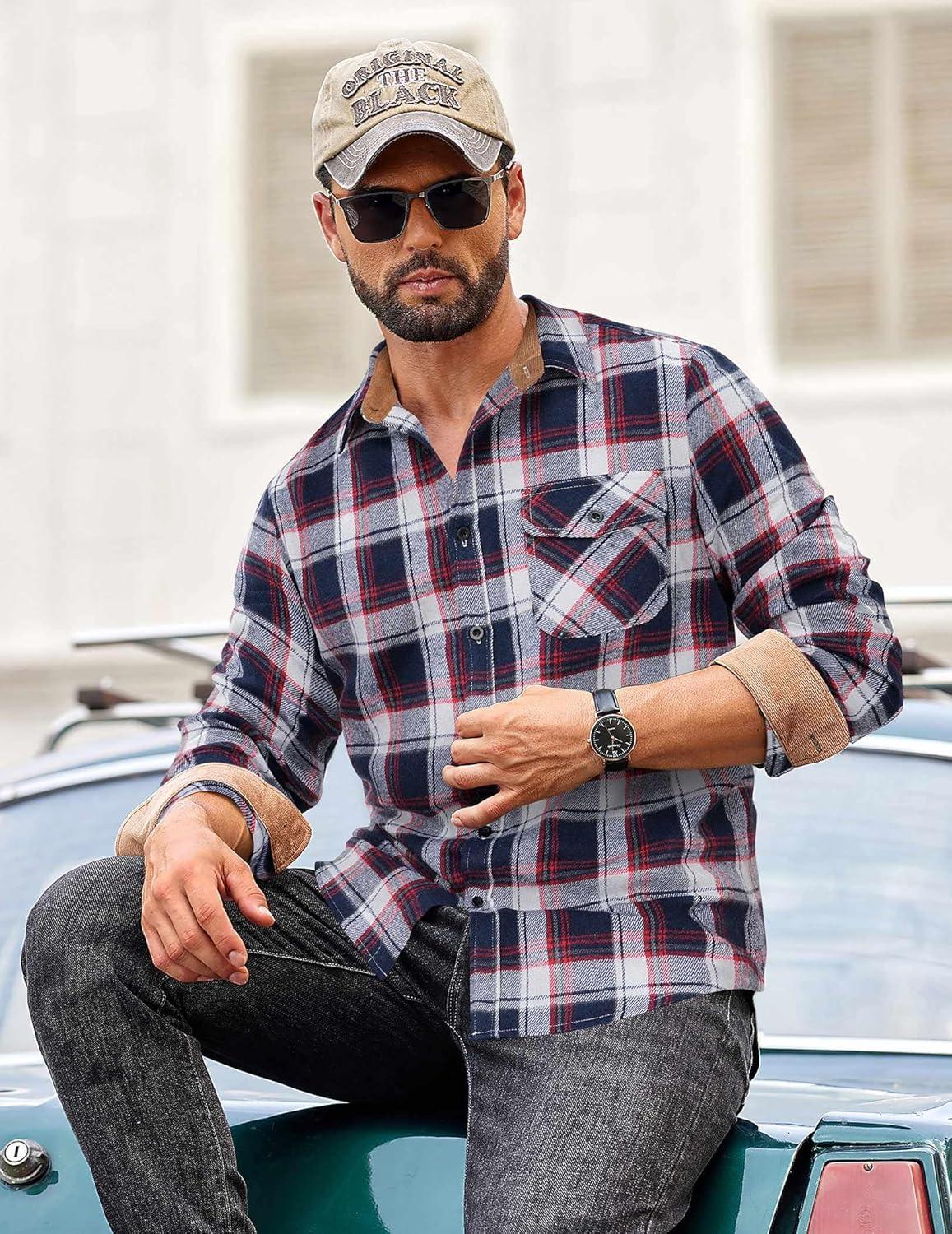 imageCOOFANDY Mens Flannel Shirts Long Sleeve Button Down Shirt Casual Plaid Shirts with PocketNavy Red White Plaid