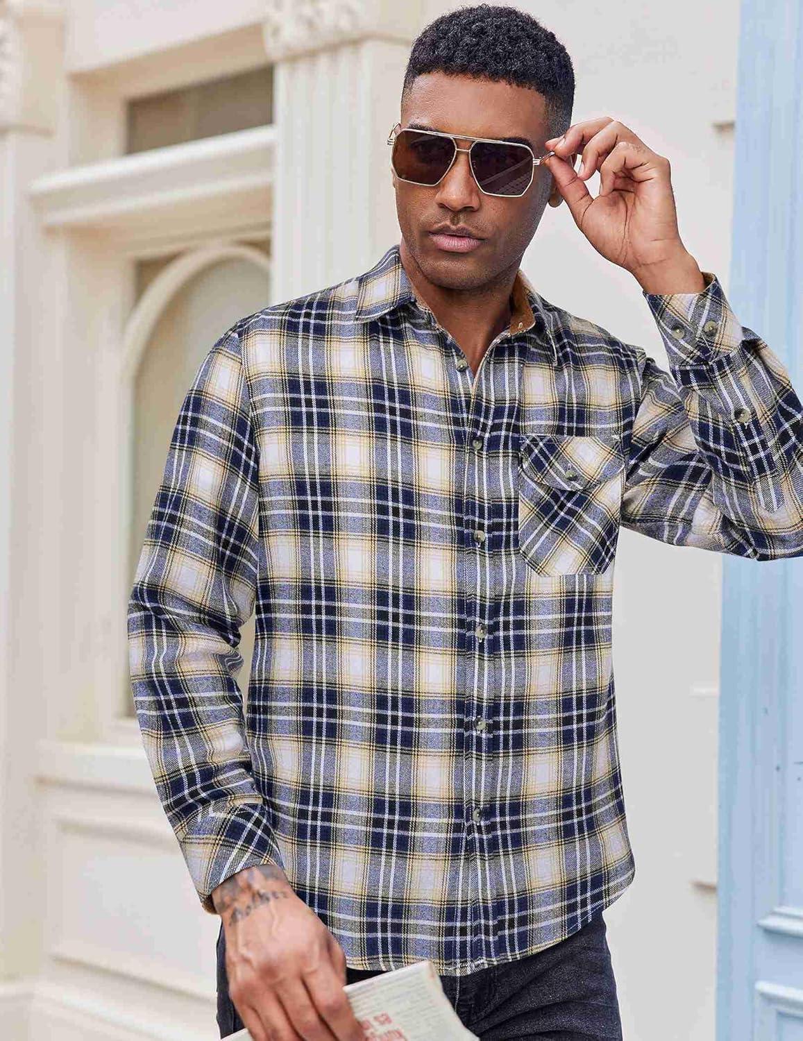 imageCOOFANDY Mens Flannel Shirts Long Sleeve Button Down Shirt Casual Plaid Shirts with PocketNavy White Beige Plaid