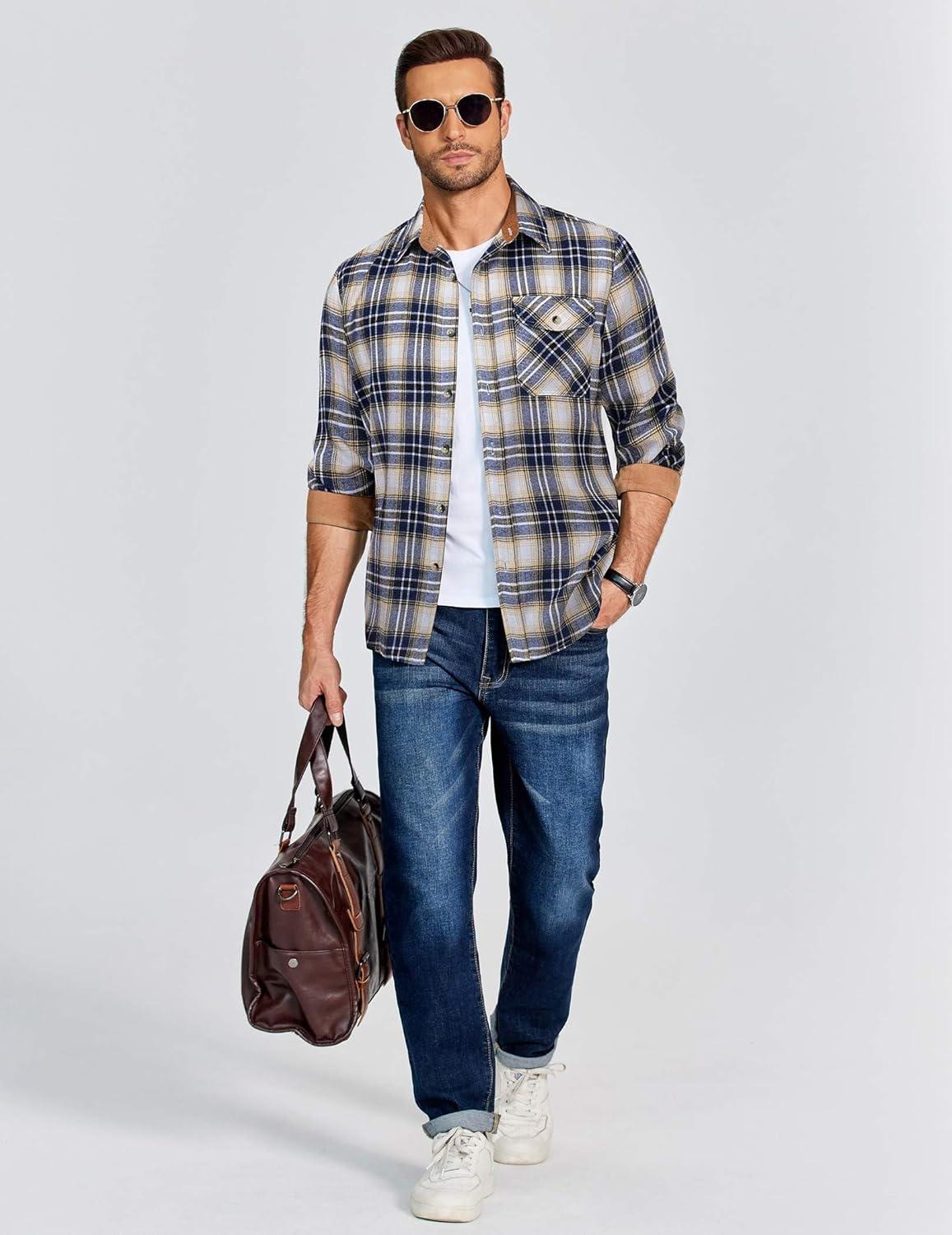 imageCOOFANDY Mens Flannel Shirts Long Sleeve Button Down Shirt Casual Plaid Shirts with PocketNavy White Beige Plaid