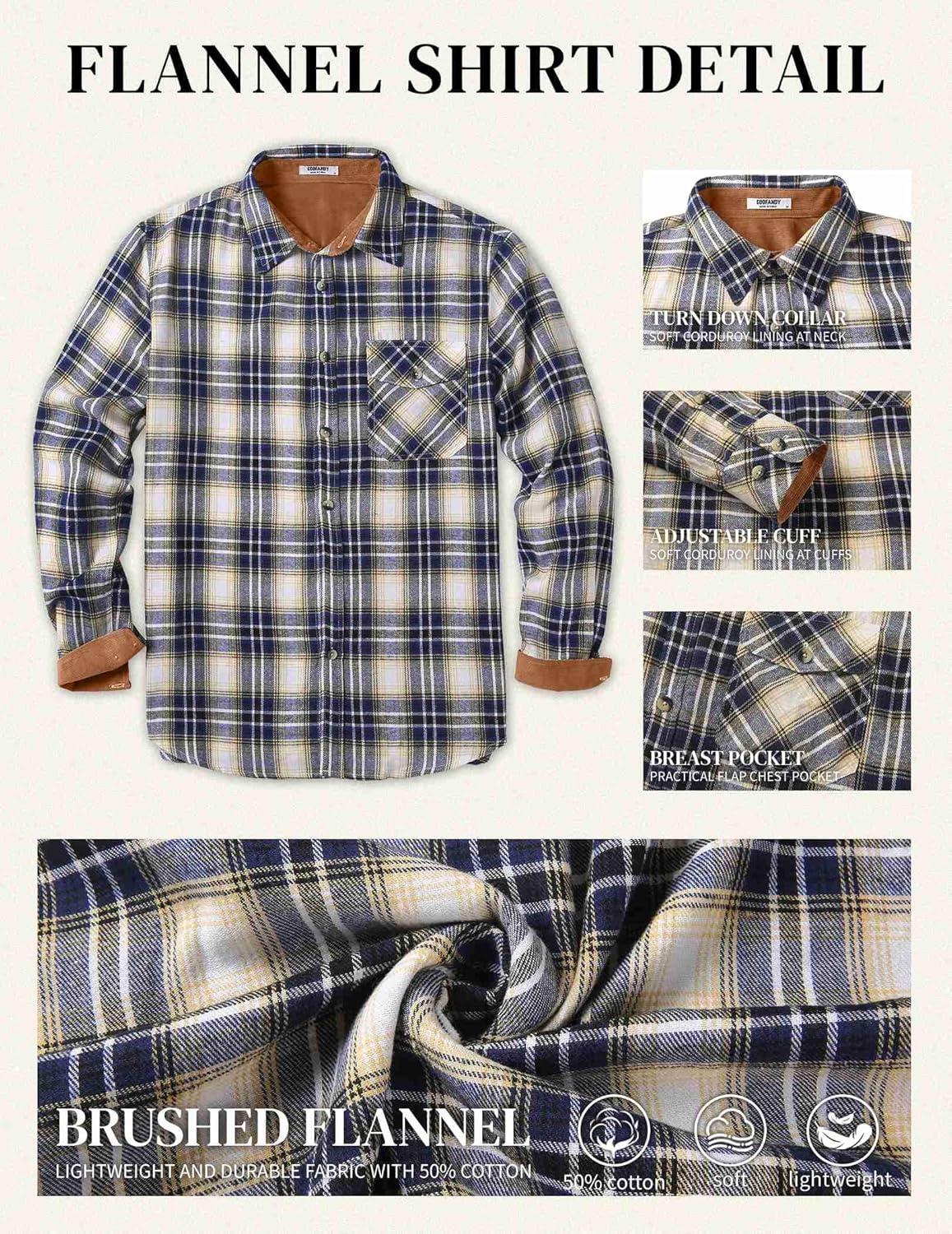 imageCOOFANDY Mens Flannel Shirts Long Sleeve Button Down Shirt Casual Plaid Shirts with PocketNavy White Beige Plaid