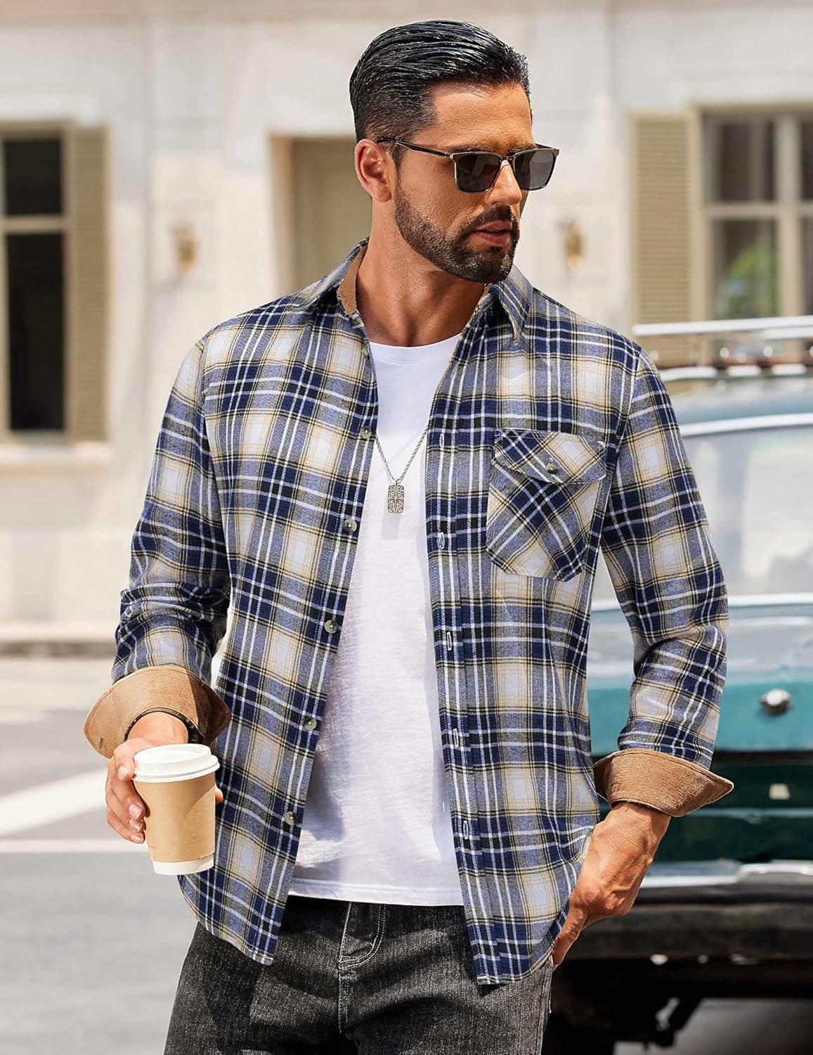 imageCOOFANDY Mens Flannel Shirts Long Sleeve Button Down Shirt Casual Plaid Shirts with PocketNavy White Beige Plaid