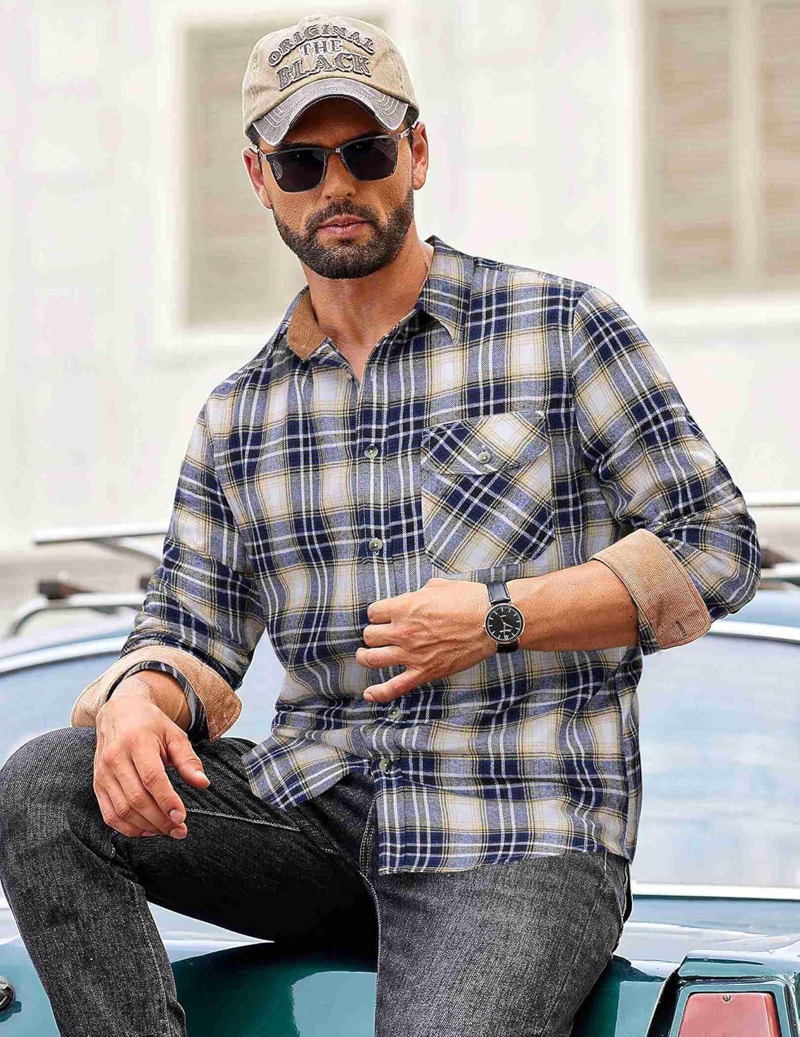 imageCOOFANDY Mens Flannel Shirts Long Sleeve Button Down Shirt Casual Plaid Shirts with PocketNavy White Beige Plaid