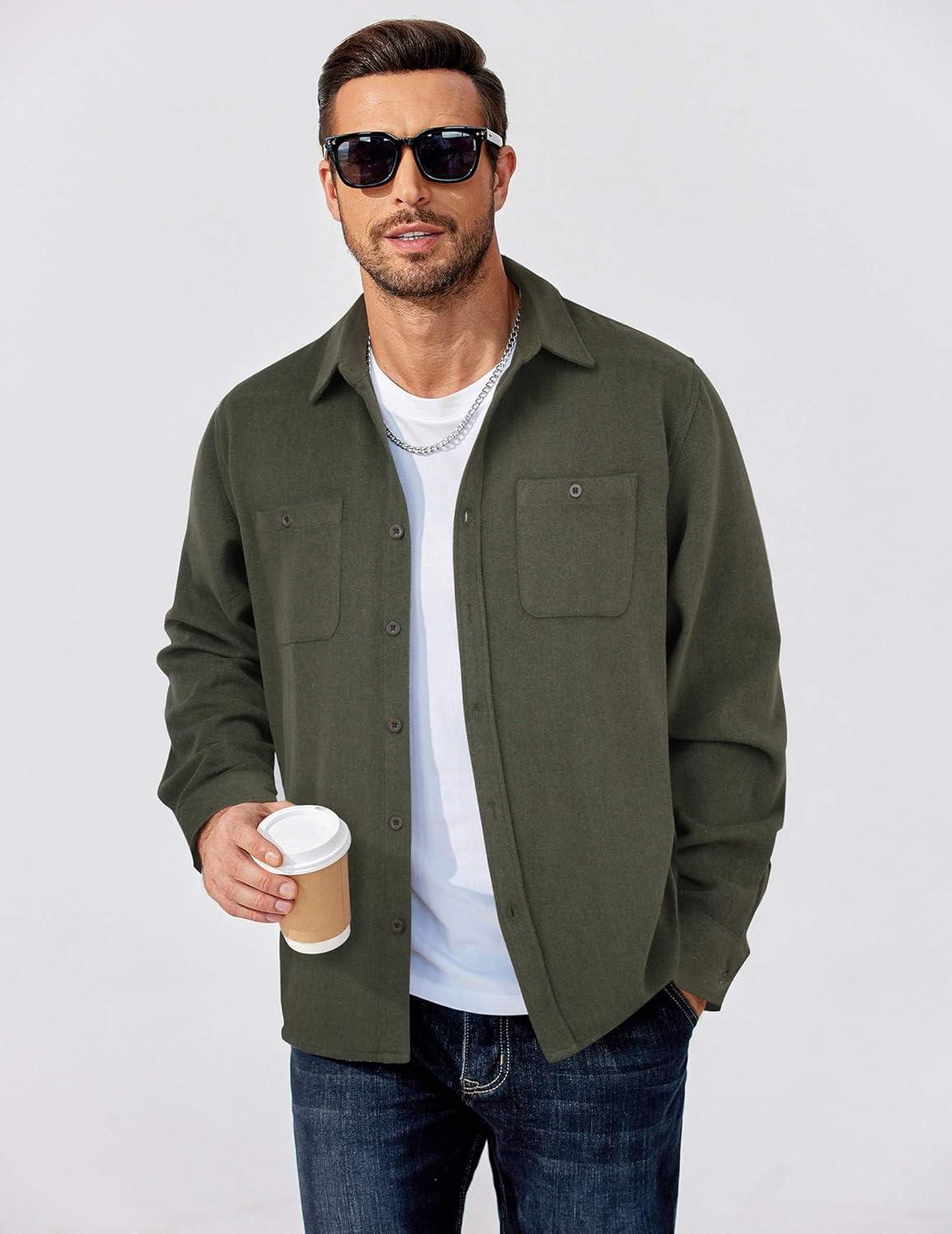 imageCOOFANDY Mens Flannel Shirts Long Sleeve Casual Cotton Plaid Button Down Shirt Jacket with PocketsArmy Green