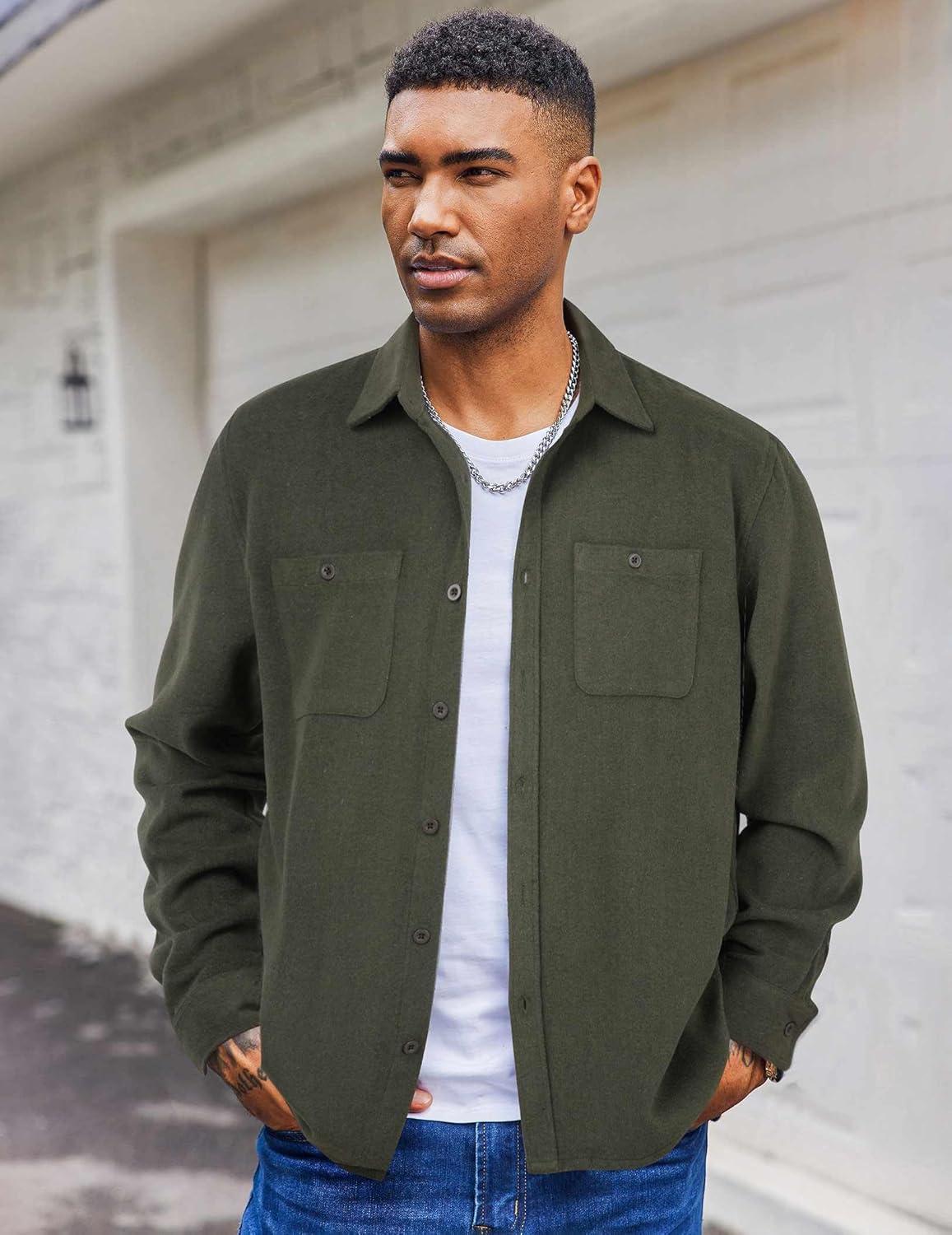 imageCOOFANDY Mens Flannel Shirts Long Sleeve Casual Cotton Plaid Button Down Shirt Jacket with PocketsArmy Green