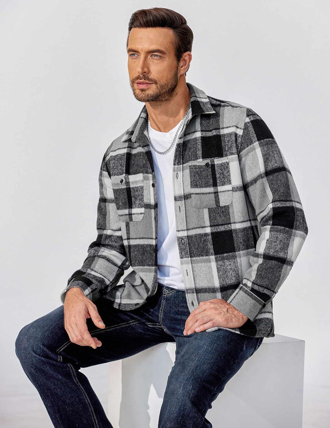 imageCOOFANDY Mens Flannel Shirts Long Sleeve Casual Cotton Plaid Button Down Shirt Jacket with PocketsBlack