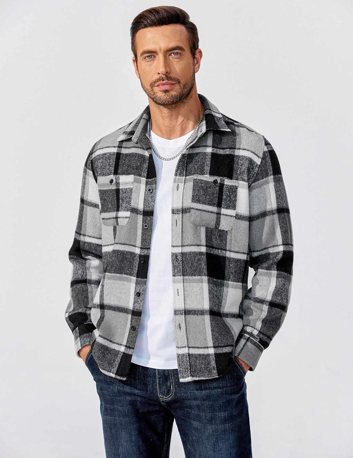 imageCOOFANDY Mens Flannel Shirts Long Sleeve Casual Cotton Plaid Button Down Shirt Jacket with PocketsBlack