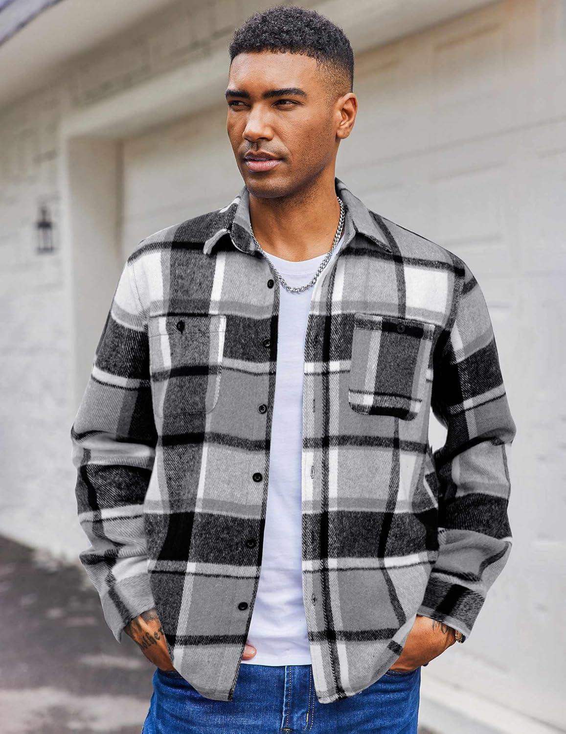 imageCOOFANDY Mens Flannel Shirts Long Sleeve Casual Cotton Plaid Button Down Shirt Jacket with PocketsBlack