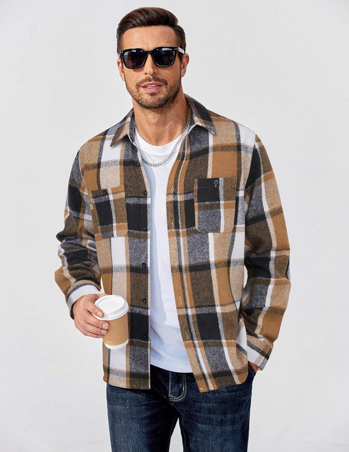 imageCOOFANDY Mens Flannel Shirts Long Sleeve Casual Cotton Plaid Button Down Shirt Jacket with PocketsBlackkhaki Plaid