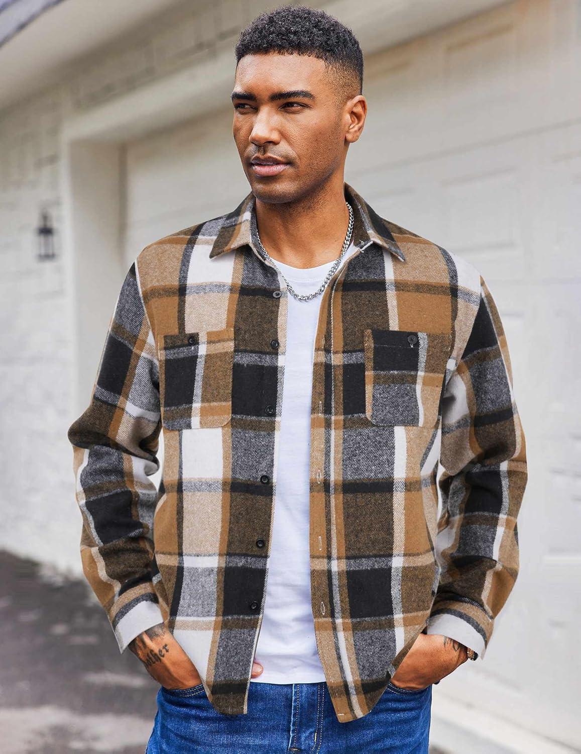 imageCOOFANDY Mens Flannel Shirts Long Sleeve Casual Cotton Plaid Button Down Shirt Jacket with PocketsBlackkhaki Plaid