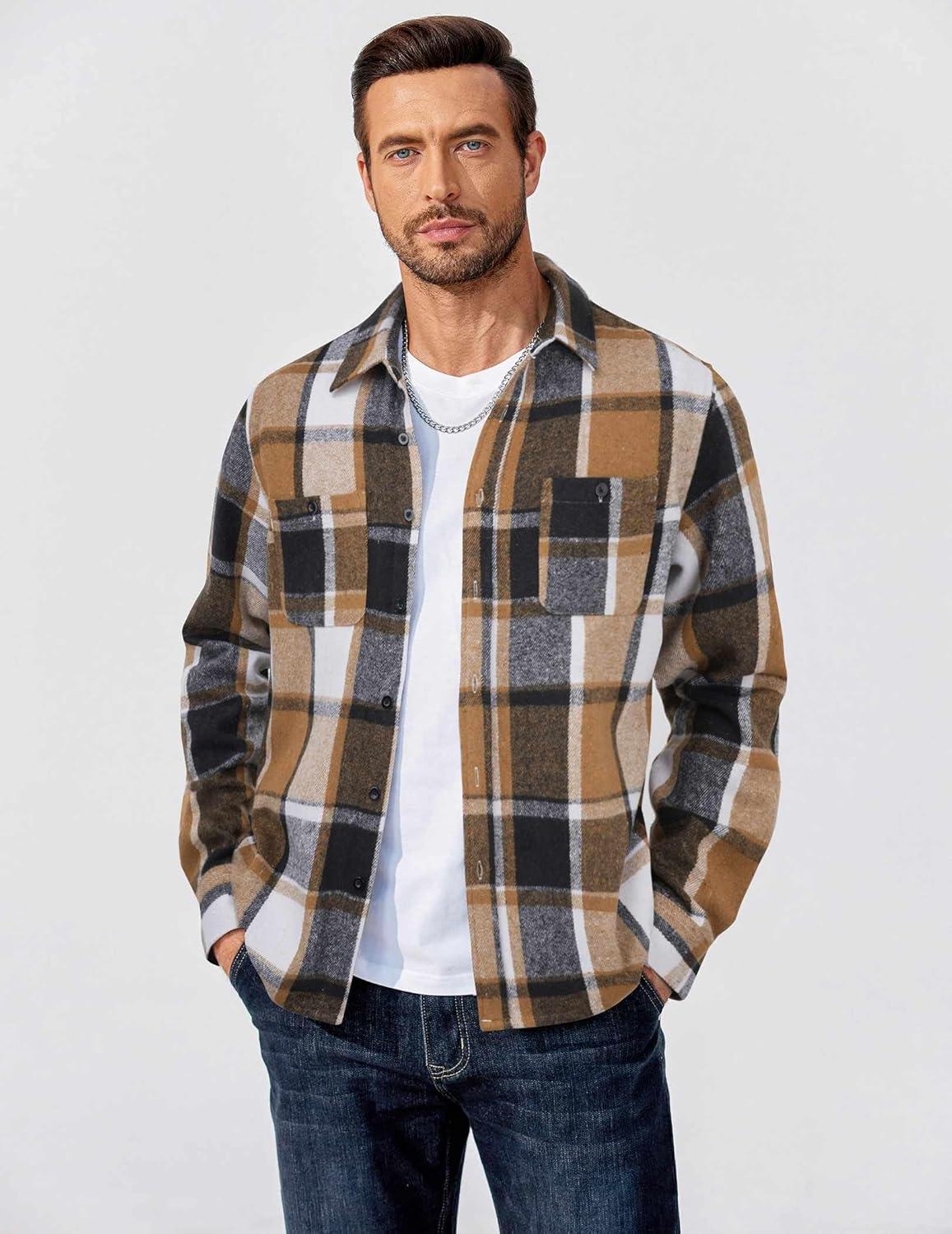 imageCOOFANDY Mens Flannel Shirts Long Sleeve Casual Cotton Plaid Button Down Shirt Jacket with PocketsBlackkhaki Plaid