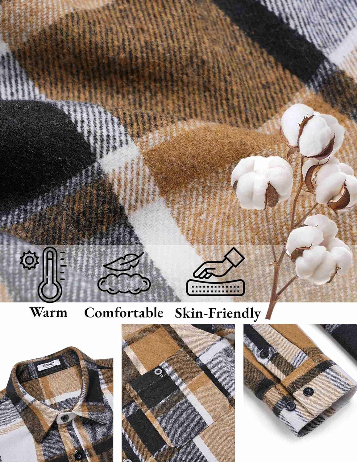 imageCOOFANDY Mens Flannel Shirts Long Sleeve Casual Cotton Plaid Button Down Shirt Jacket with PocketsBlackkhaki Plaid