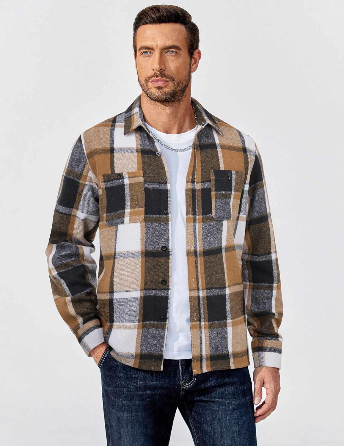 imageCOOFANDY Mens Flannel Shirts Long Sleeve Casual Cotton Plaid Button Down Shirt Jacket with PocketsBlackkhaki Plaid