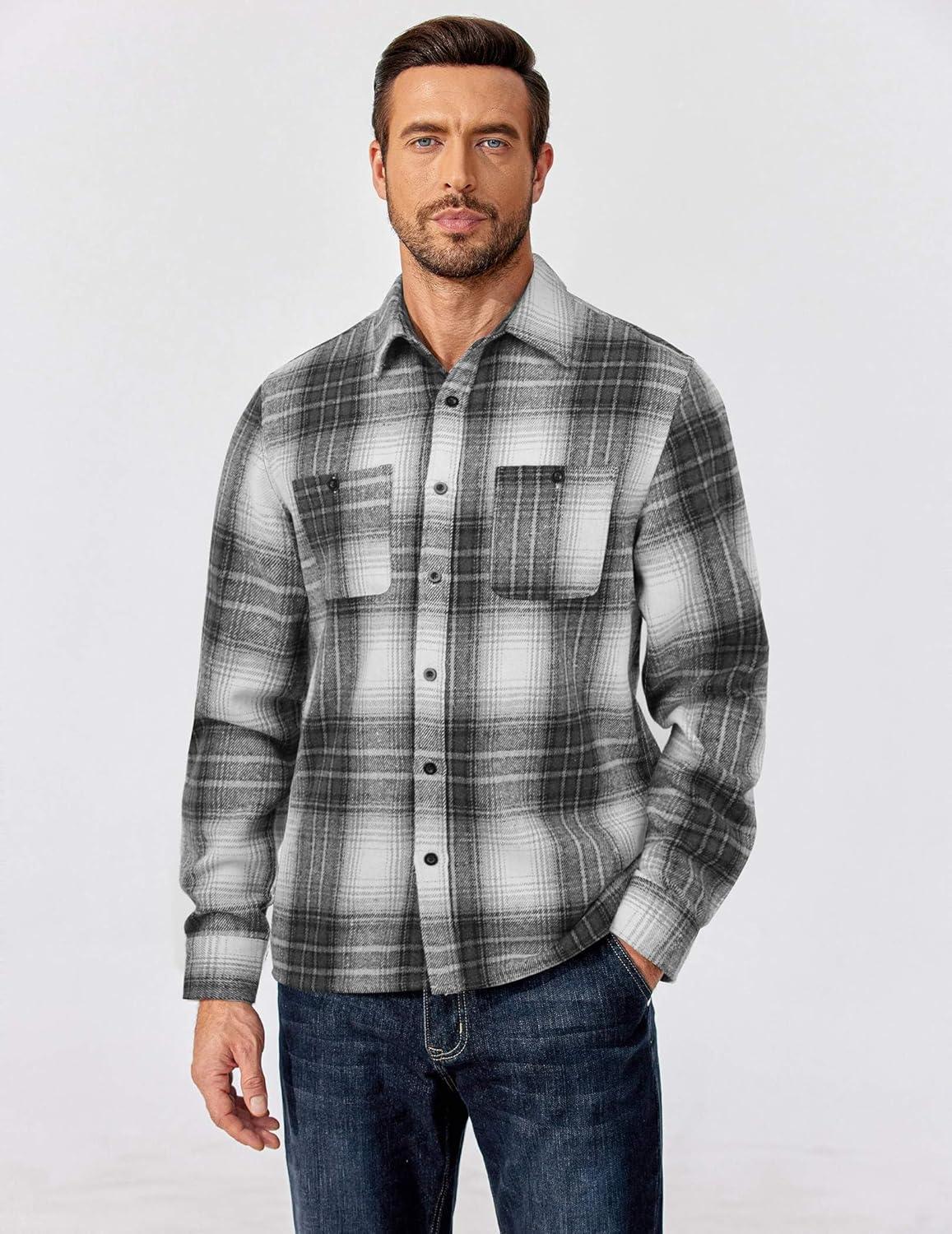 imageCOOFANDY Mens Flannel Shirts Long Sleeve Casual Cotton Plaid Button Down Shirt Jacket with PocketsGraphite Black