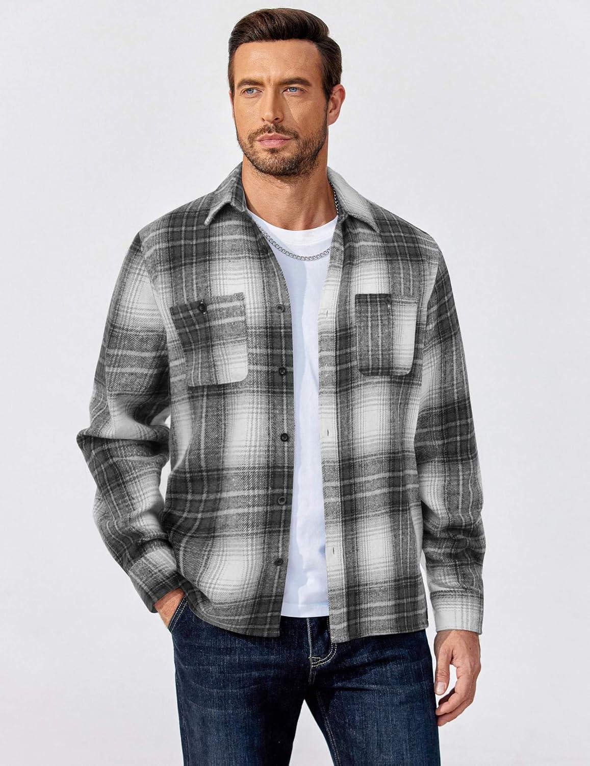 imageCOOFANDY Mens Flannel Shirts Long Sleeve Casual Cotton Plaid Button Down Shirt Jacket with PocketsGraphite Black