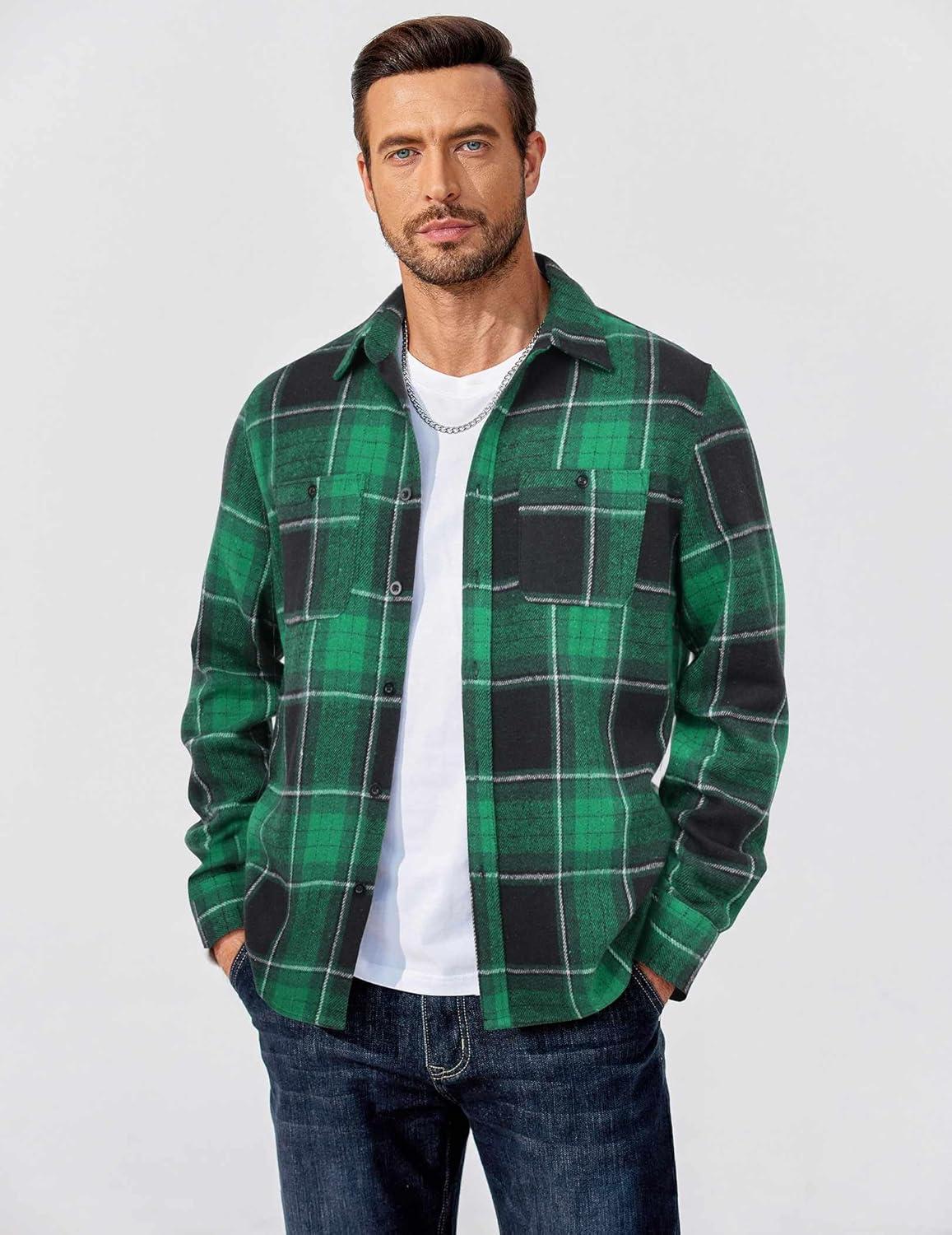 imageCOOFANDY Mens Flannel Shirts Long Sleeve Casual Cotton Plaid Button Down Shirt Jacket with PocketsGreenblack Plaid