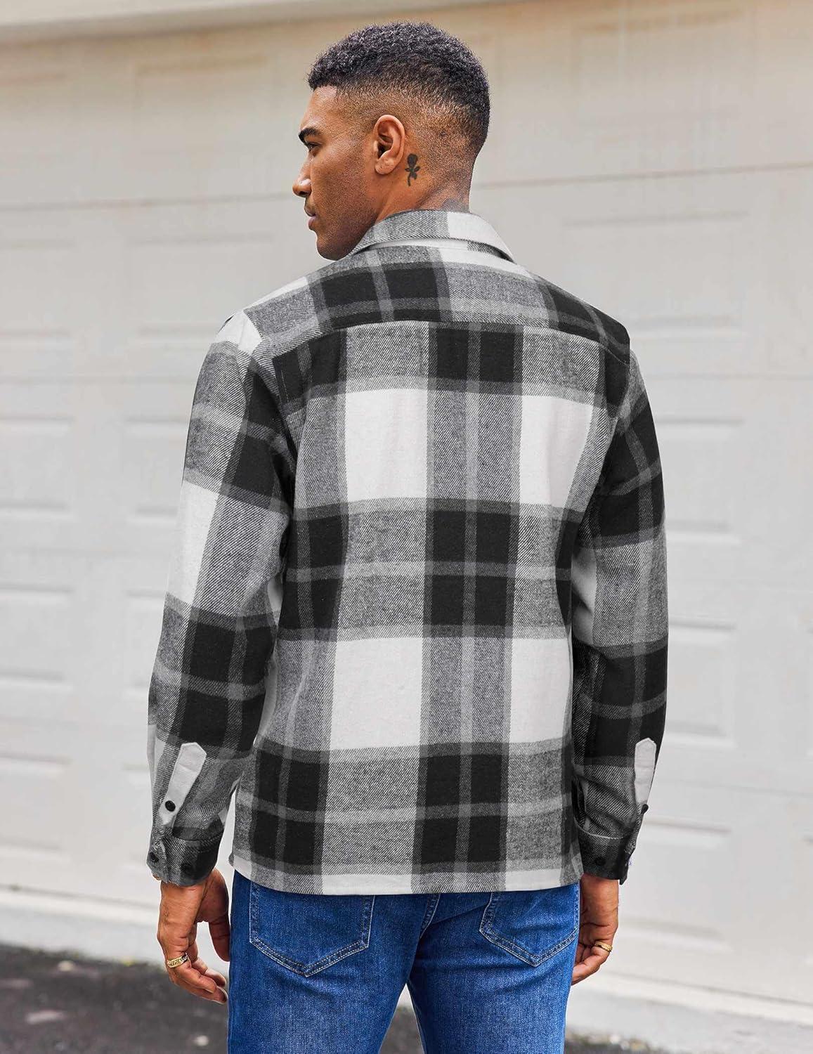 imageCOOFANDY Mens Flannel Shirts Long Sleeve Casual Cotton Plaid Button Down Shirt Jacket with PocketsGreywhite Plaid