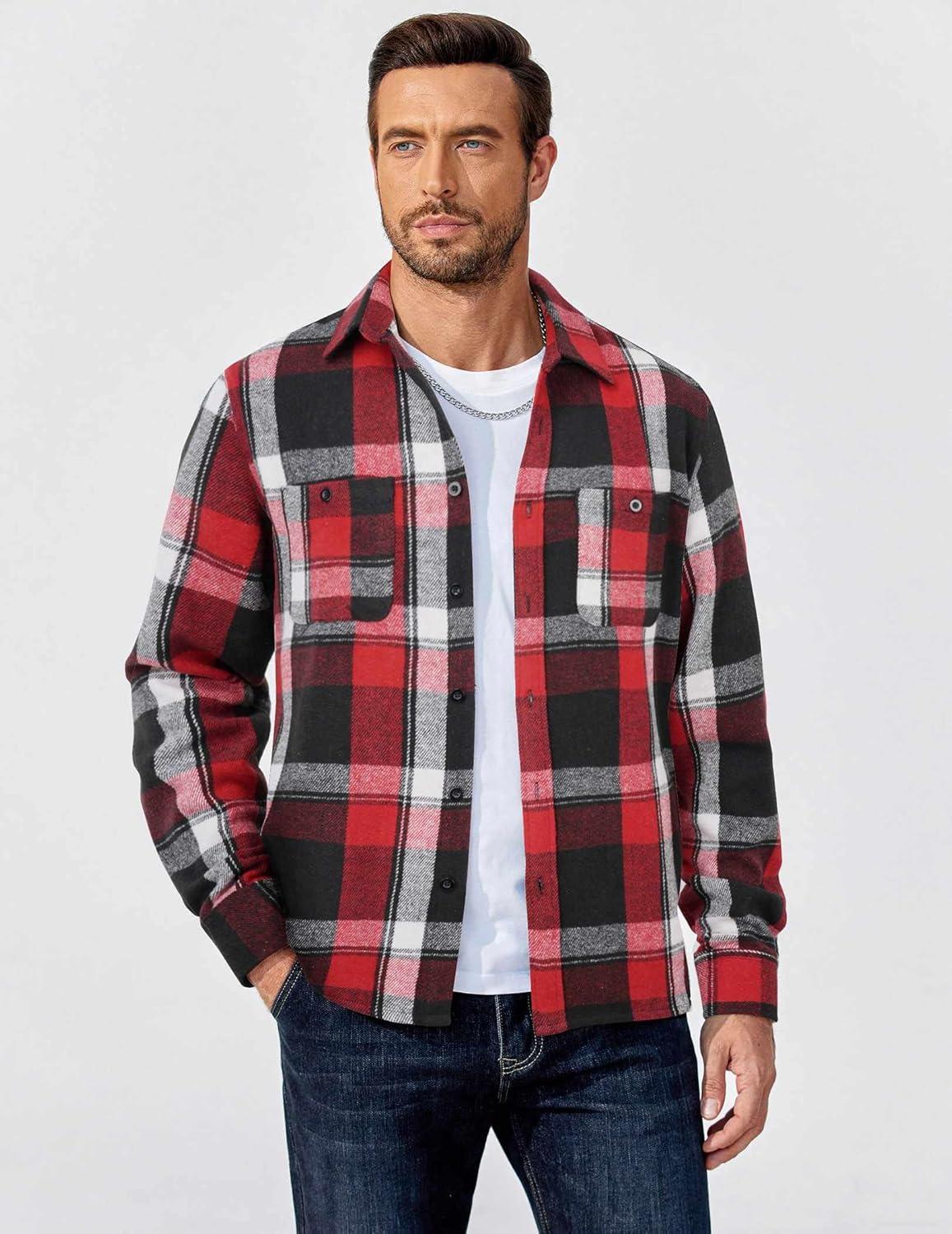 imageCOOFANDY Mens Flannel Shirts Long Sleeve Casual Cotton Plaid Button Down Shirt Jacket with PocketsRedblack Plaid